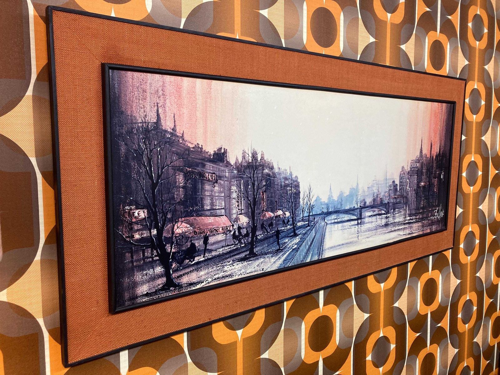 Large Vintage Ron Folland Framed Print "Cafe Quai" photo furniture