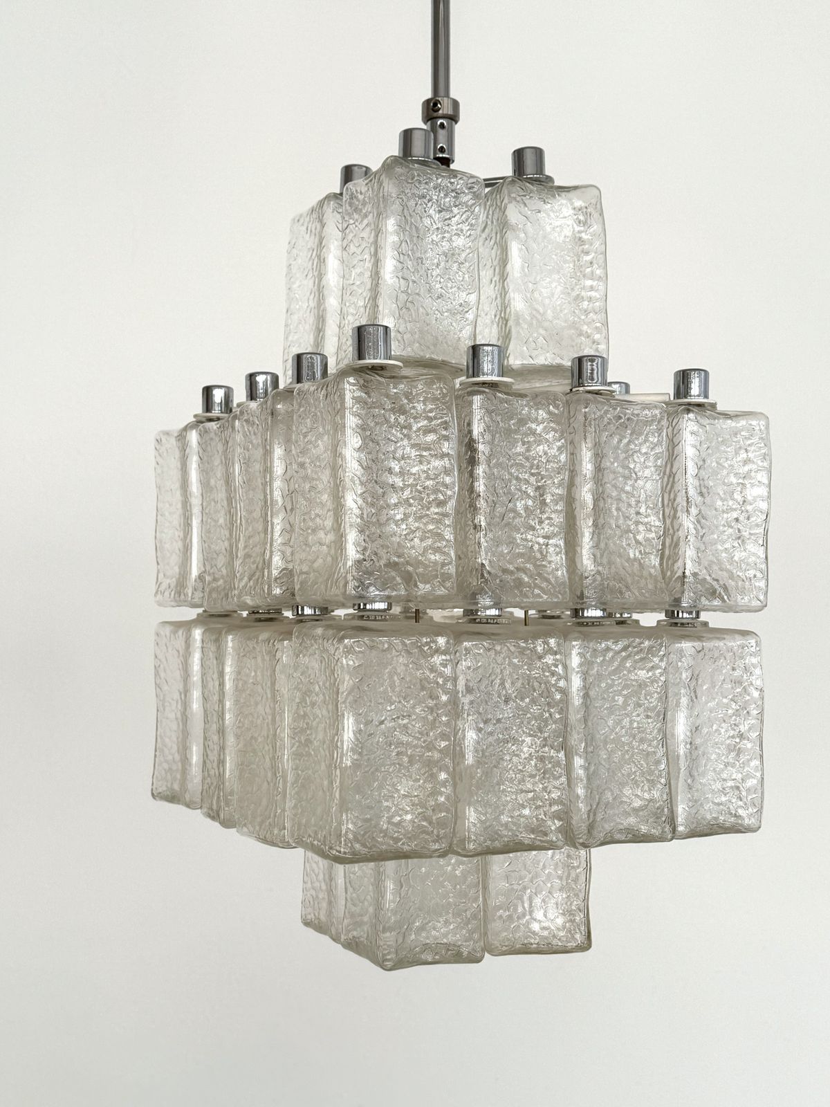 Midcentury Chandelier In Chrome And Textured Glass By Swiss Bag Turgi, 1960s photo Lighting