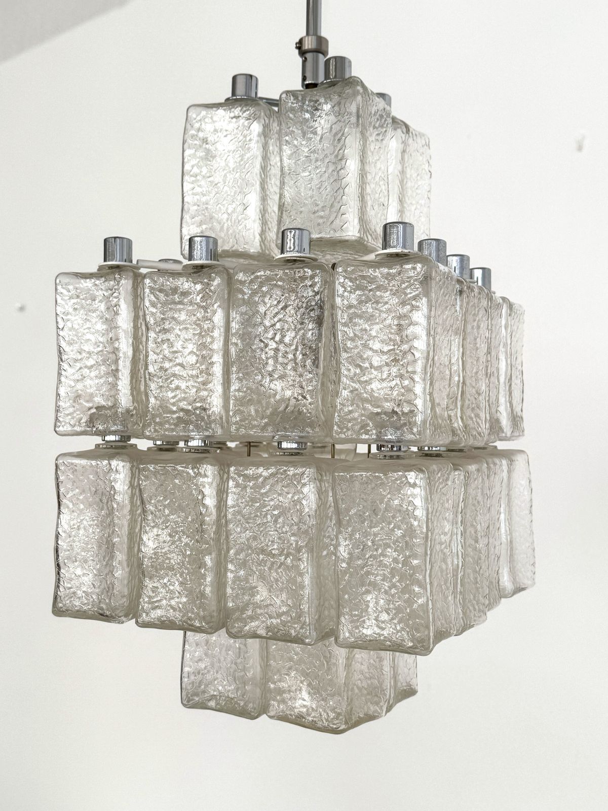 Midcentury Chandelier In Chrome And Textured Glass By Swiss Bag Turgi, 1960s photo buy