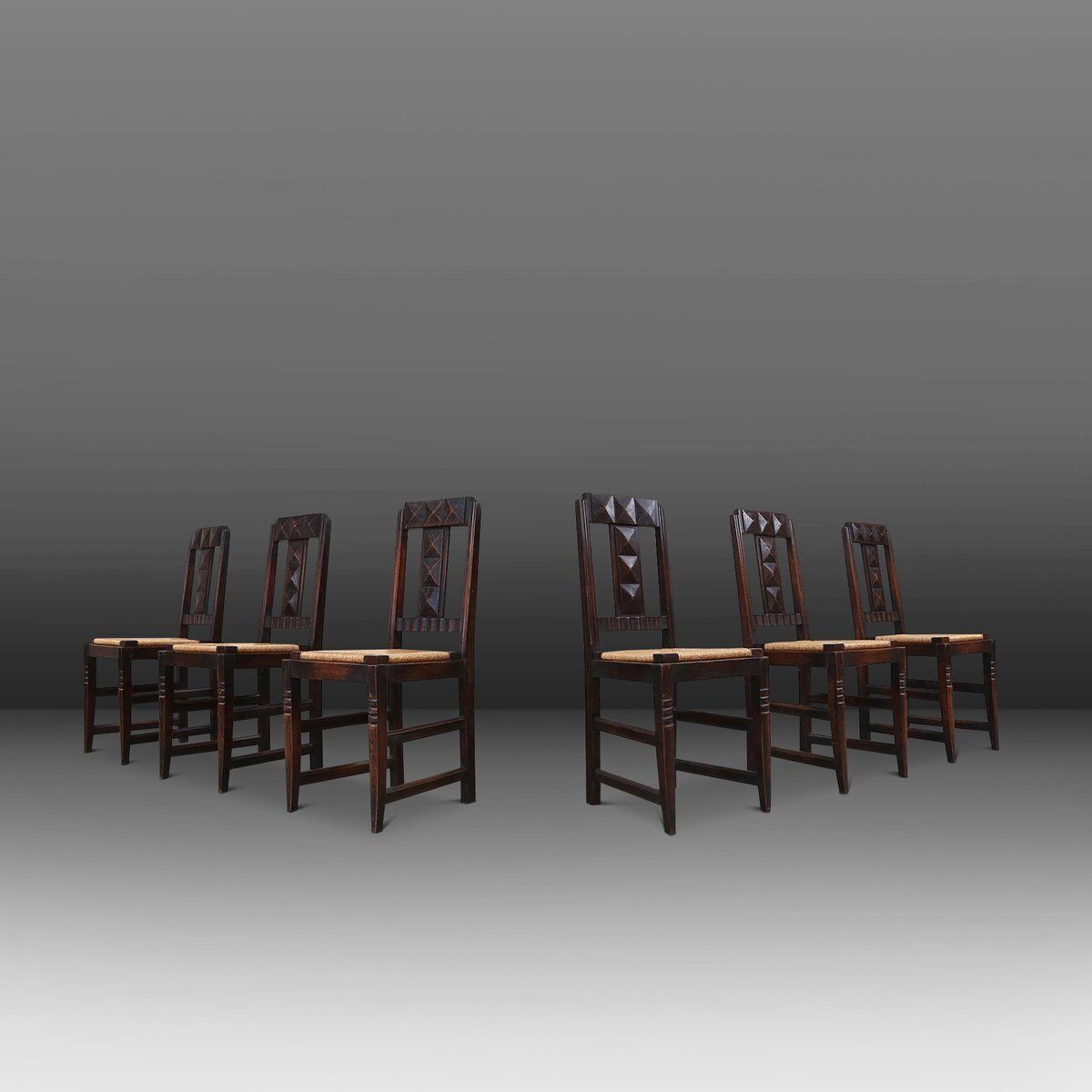 Vintage Dining Chairs In Oak And Wicker Attributed To Victor Coutray, 1940s, Set Of 6