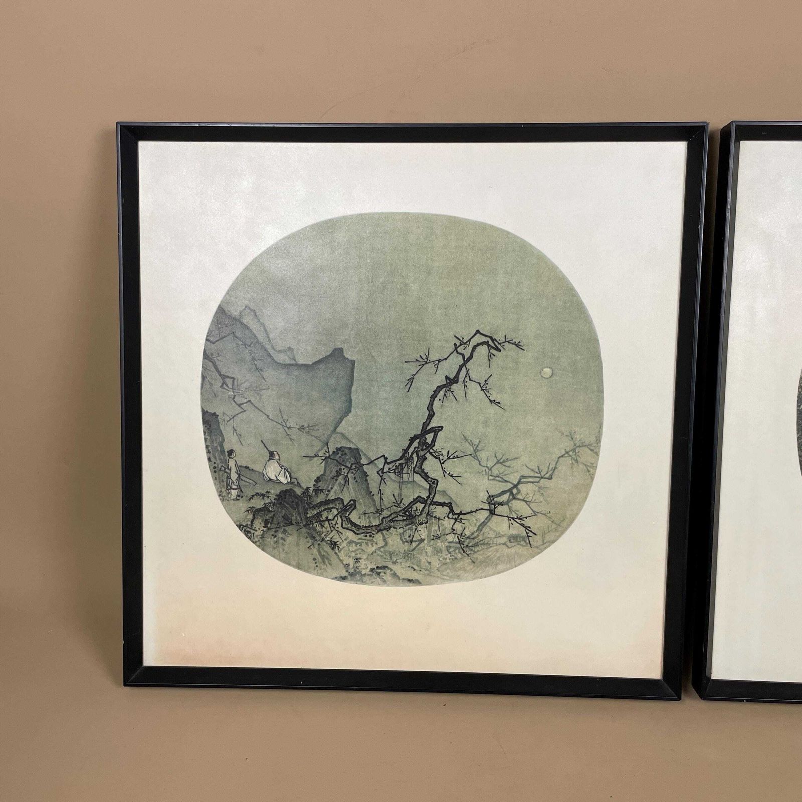 Pair Chinese Landscape Fan Prints Framed Pictures Oriental Art Mountain Waterfall Set Classic Asian Wall Decor Traditional photo furniture