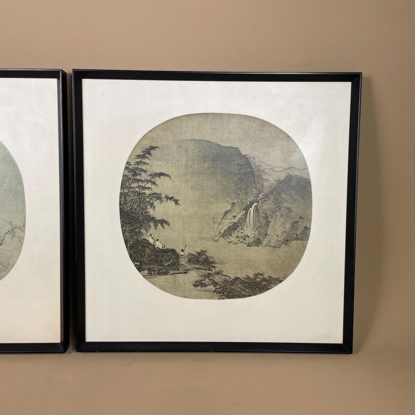 Pair Chinese Landscape Fan Prints Framed Pictures Oriental Art Mountain Waterfall Set Classic Asian Wall Decor Traditional photo for sale