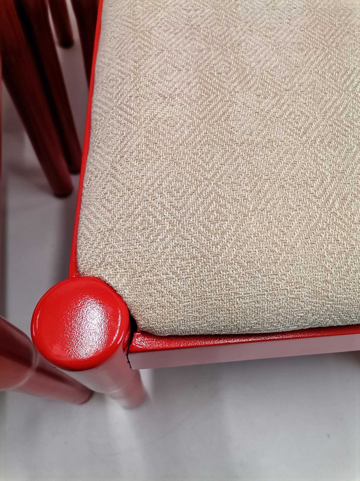 photo for sale Set Of 8 Red 'Carimate' Dining Chairs Designed By Vico Magistretti / Midcentury Italian Upholstered Kitchen Chairs