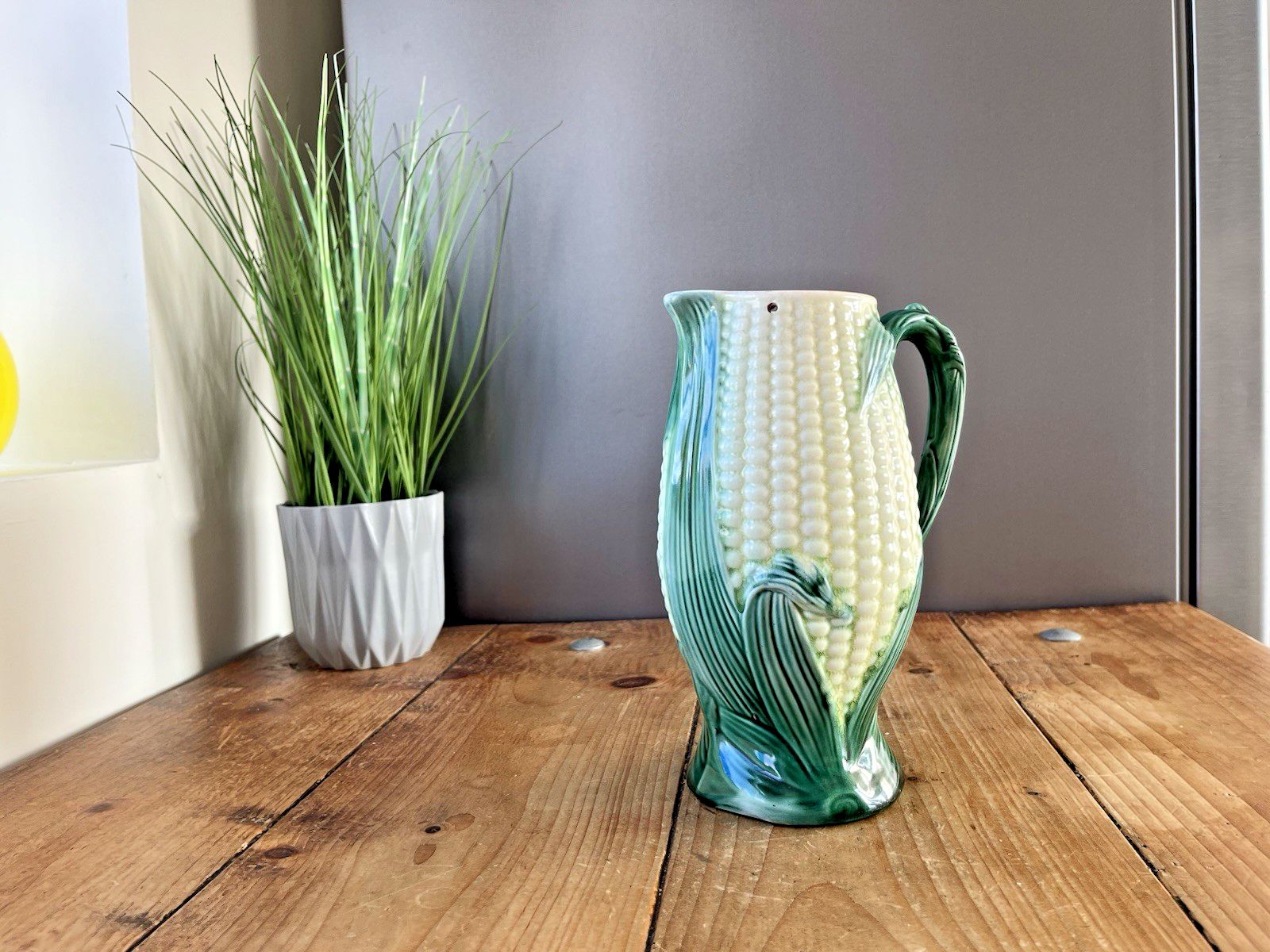 65.0 Antique English Majolica Corn On The Cob Sweetcorn Jug Pitcher No Pewter Lid photo