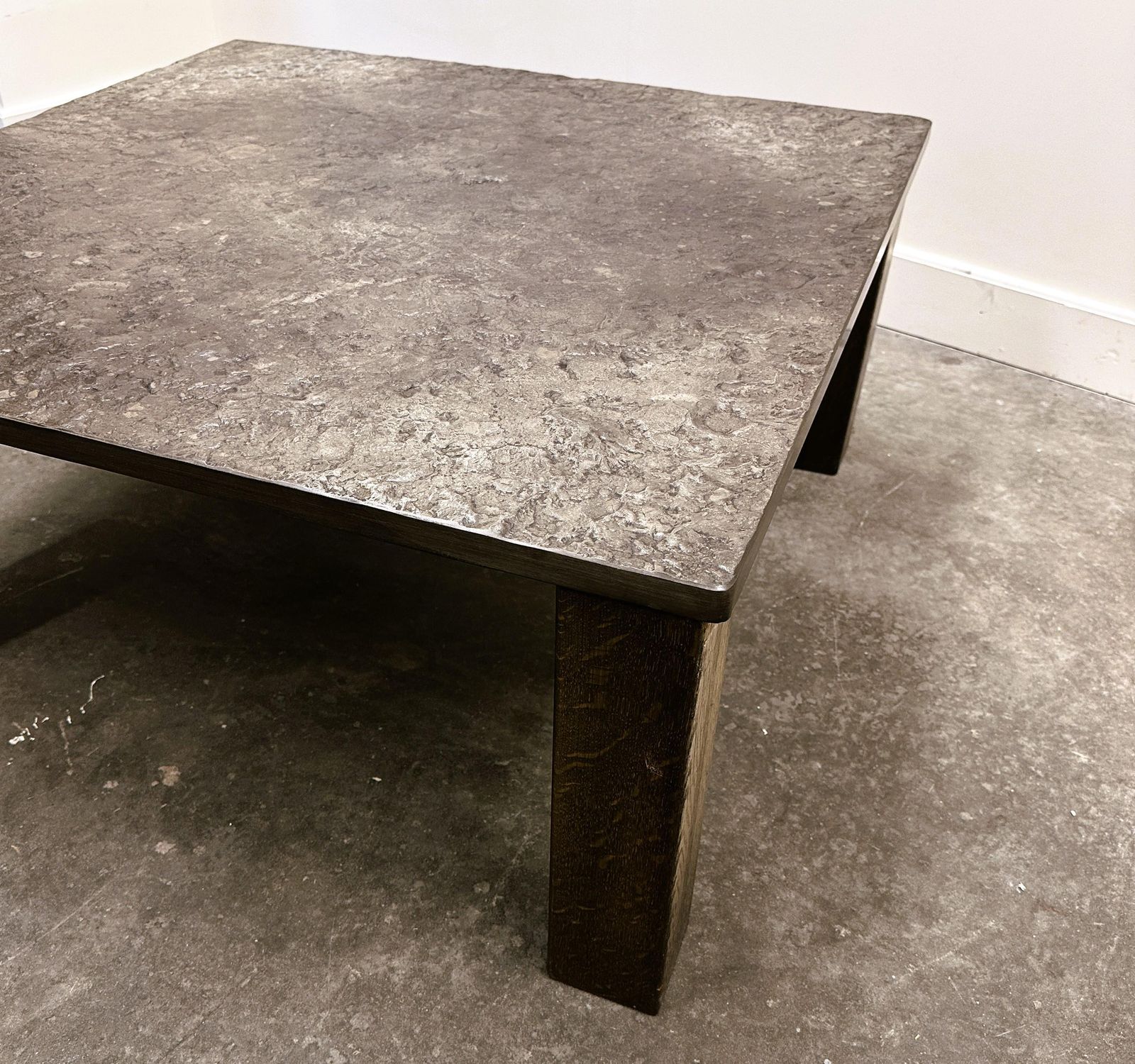 French 1970s Slate & Solid Oak Coffee Table — Textural Slate Slab, Sculptural Presence photo vintage