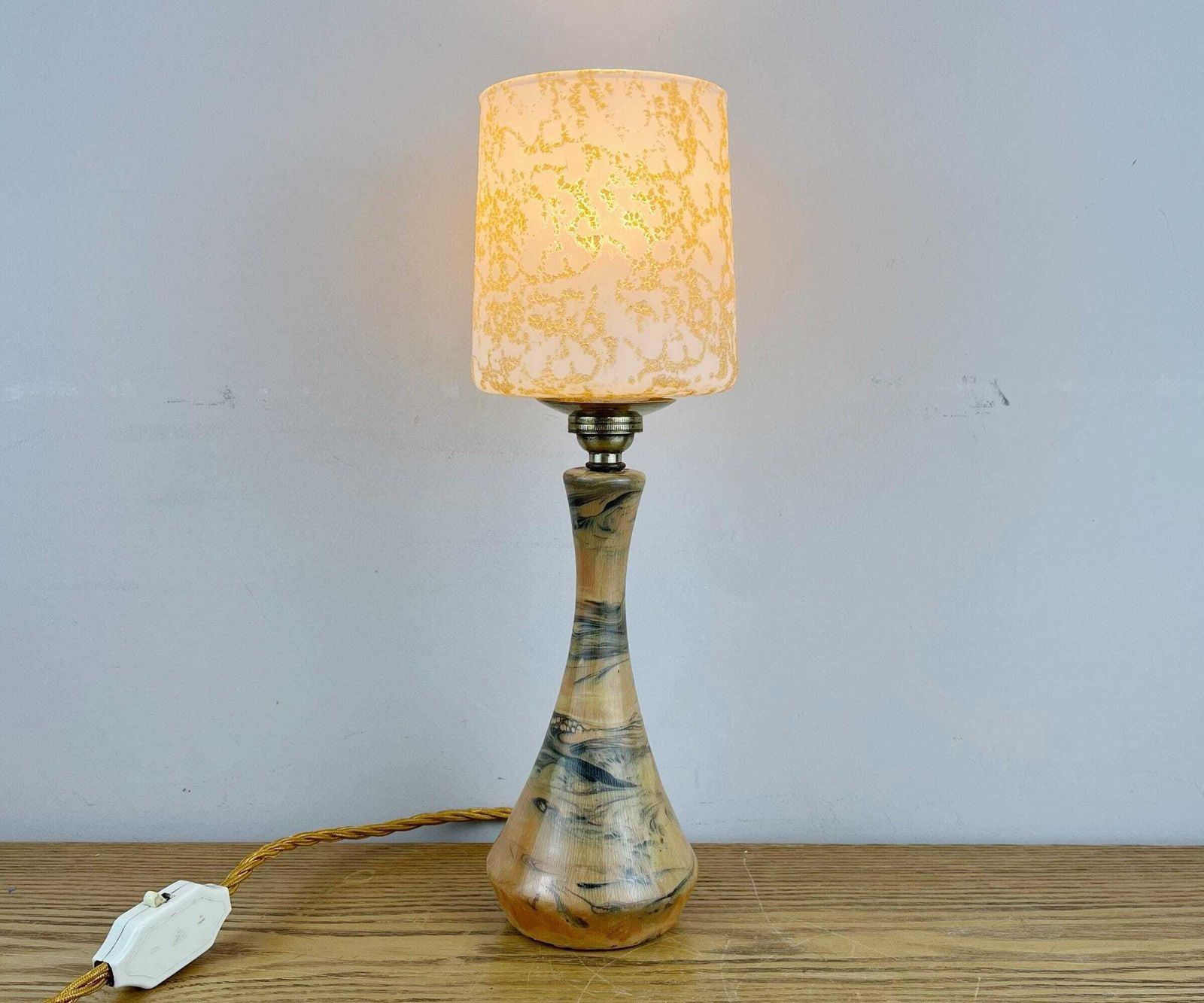 Art Deco Wood & Resin Lamp With Glass Shade.