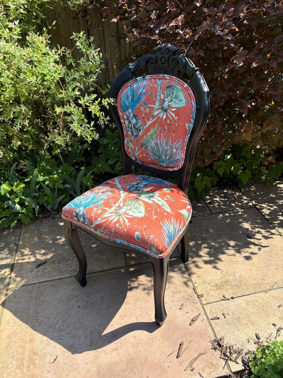 Vintage Upholstered Rococo Chair, Black Frame With Bold Orange Velvet Upholstery, One Of A Kind Seating photo furniture