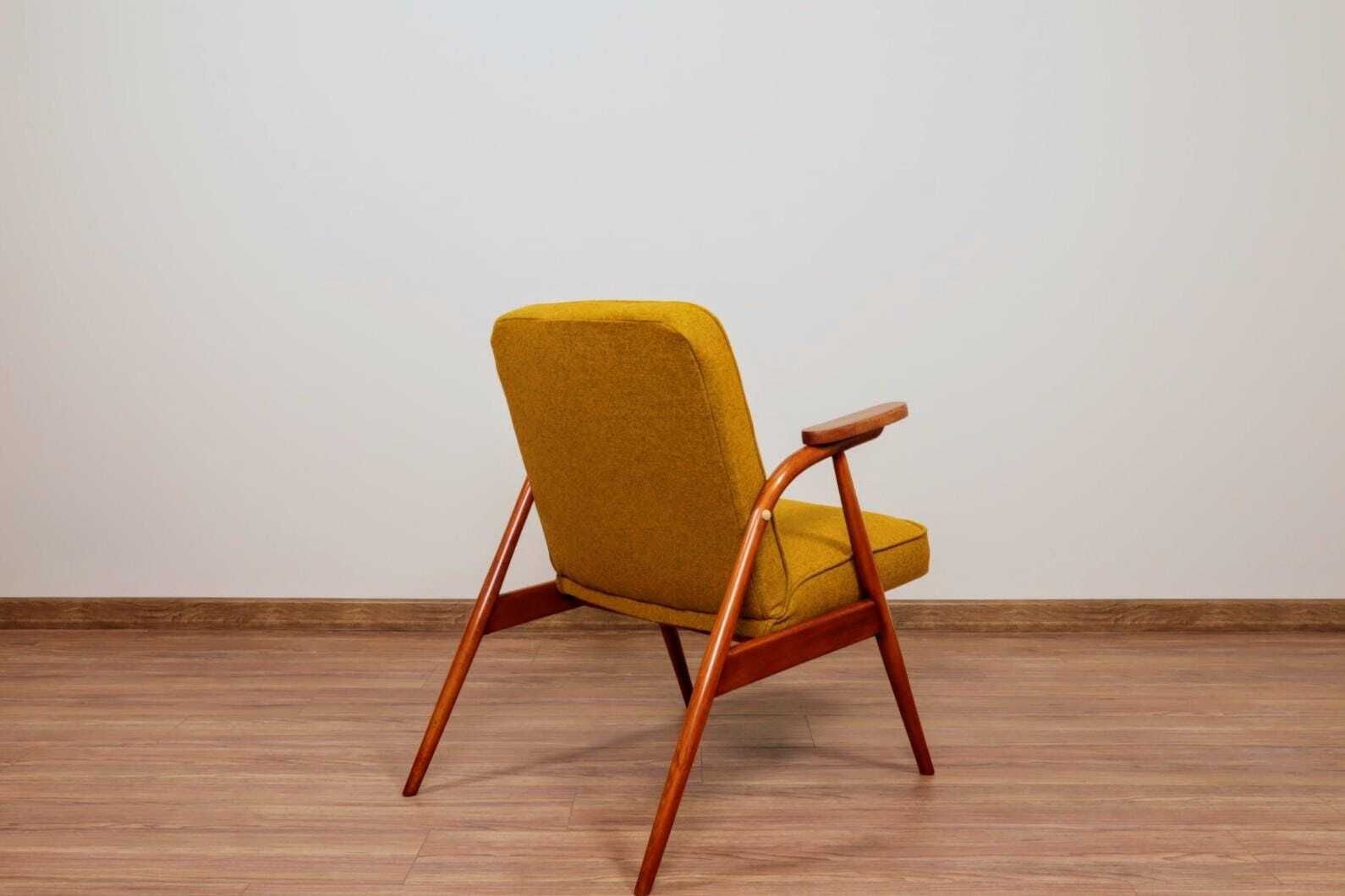 Mid Century Armchair Ocher Yellow Wool, Turned Legs, 1960s photo for sale