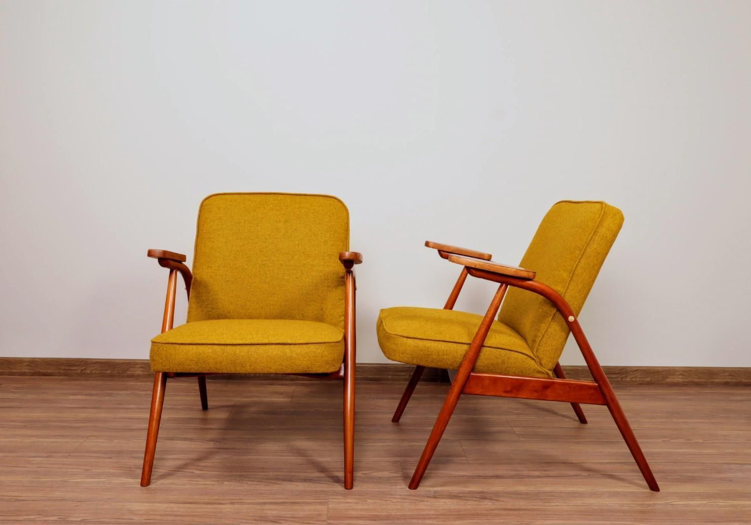 photo for sale Mid Century Armchair Ocher Yellow Wool, Turned Legs, 1960s