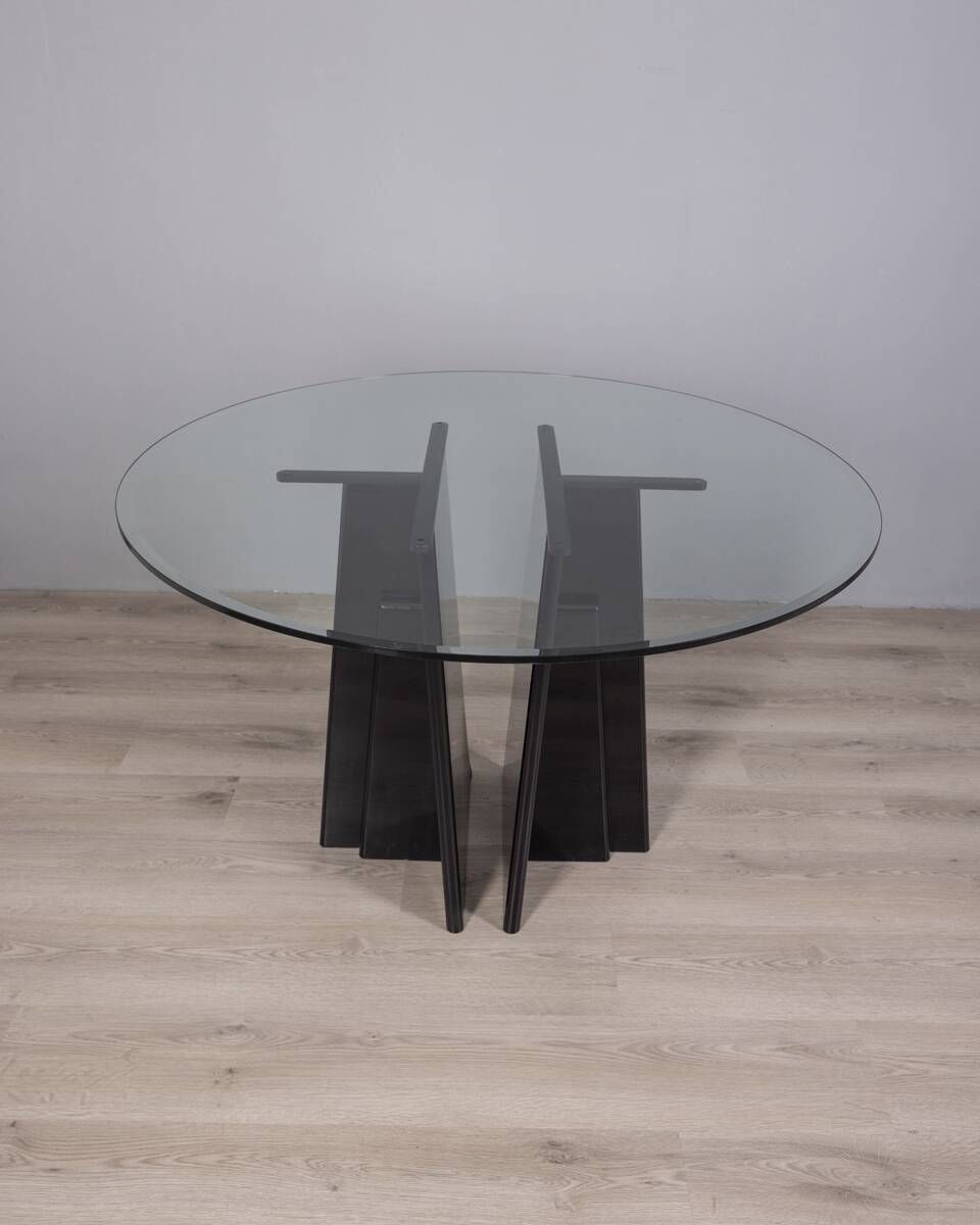 Vintage 1980s Round Table In Black Wood And Glass, photo vinterior
