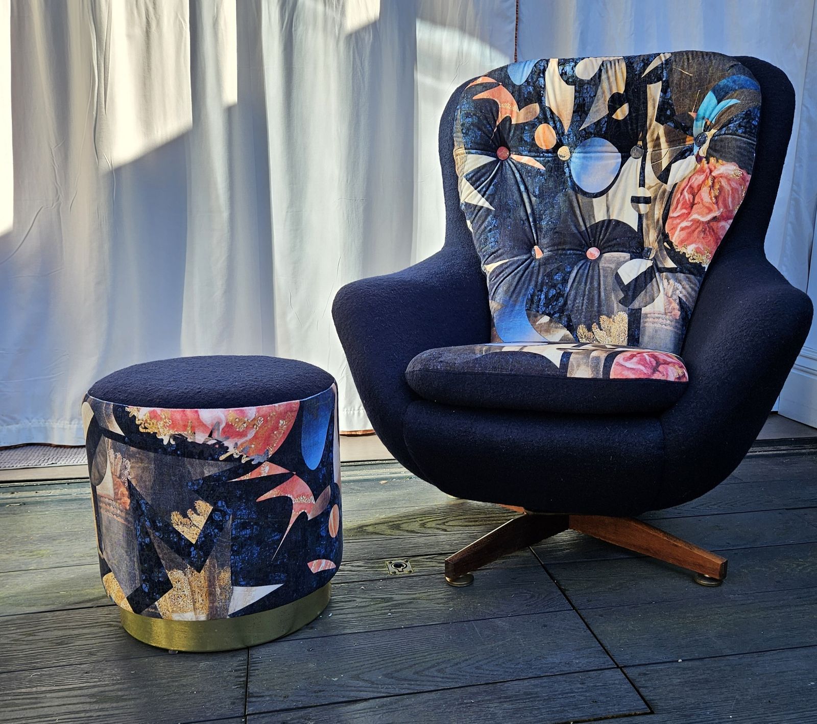 Vintage Mid Century Swivel And Tilt Chair With Pouffe. Each Newly Reupholstered.