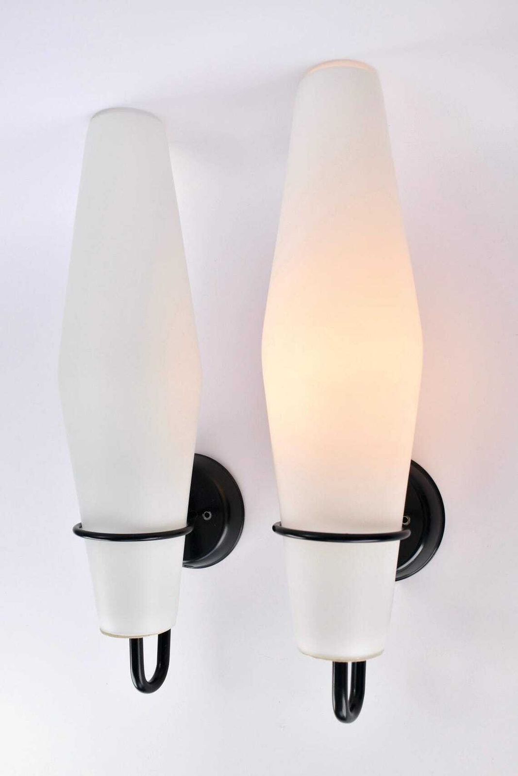 photo vinterior Modernist Glass Wall Sconces C 1556 By Raak, 1950s | Mid Century Modern Minimalist Lamps Lights Black White Set Pair Vintage Retro Midmod