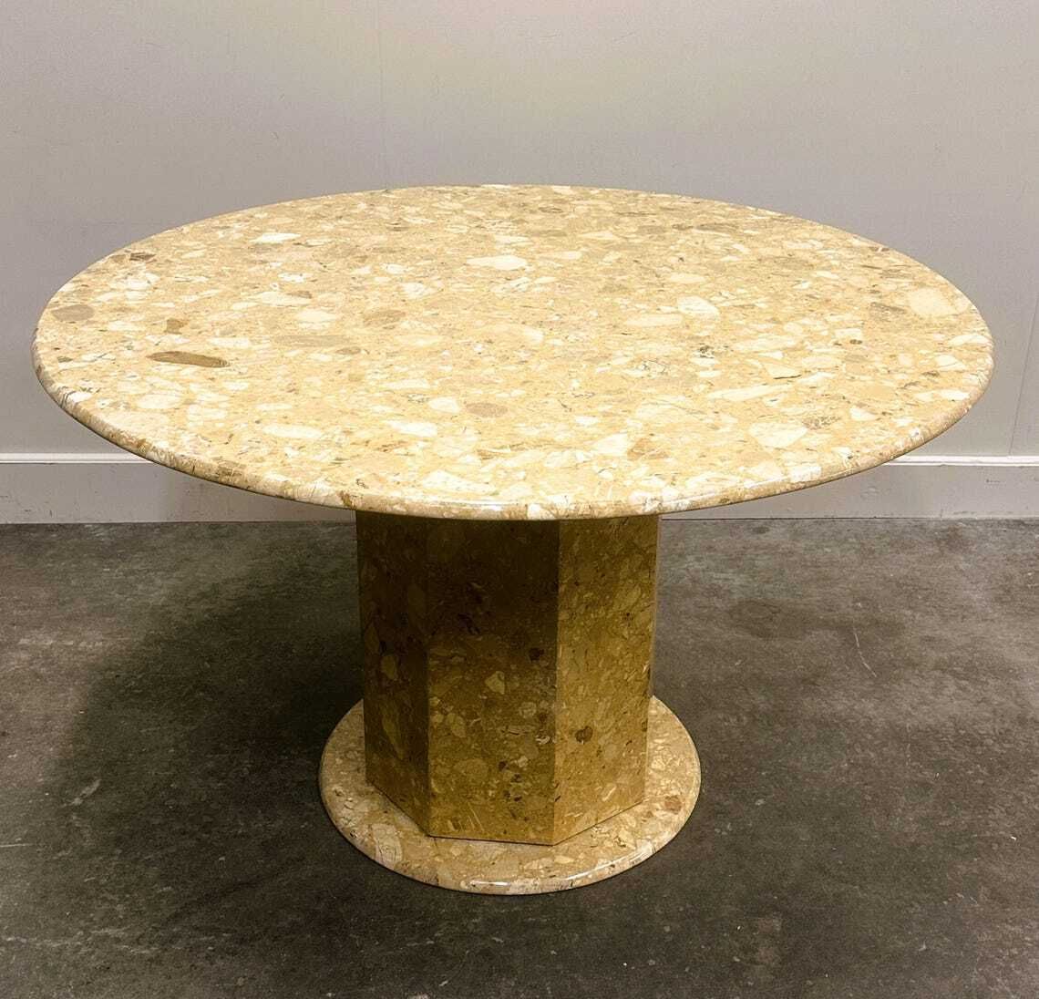 Round Breccia Marble Pedestal Table | 1980s Vintage Stone Dining Table | Postmodern Sculptural Design