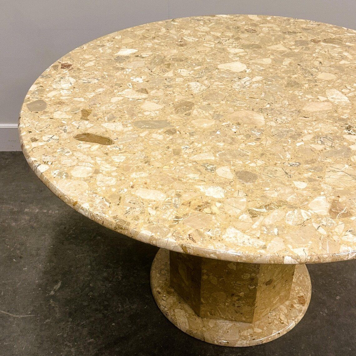 1509.0 Round Breccia Marble Pedestal Table | 1980s Vintage Stone Dining Table | Postmodern Sculptural Design photo