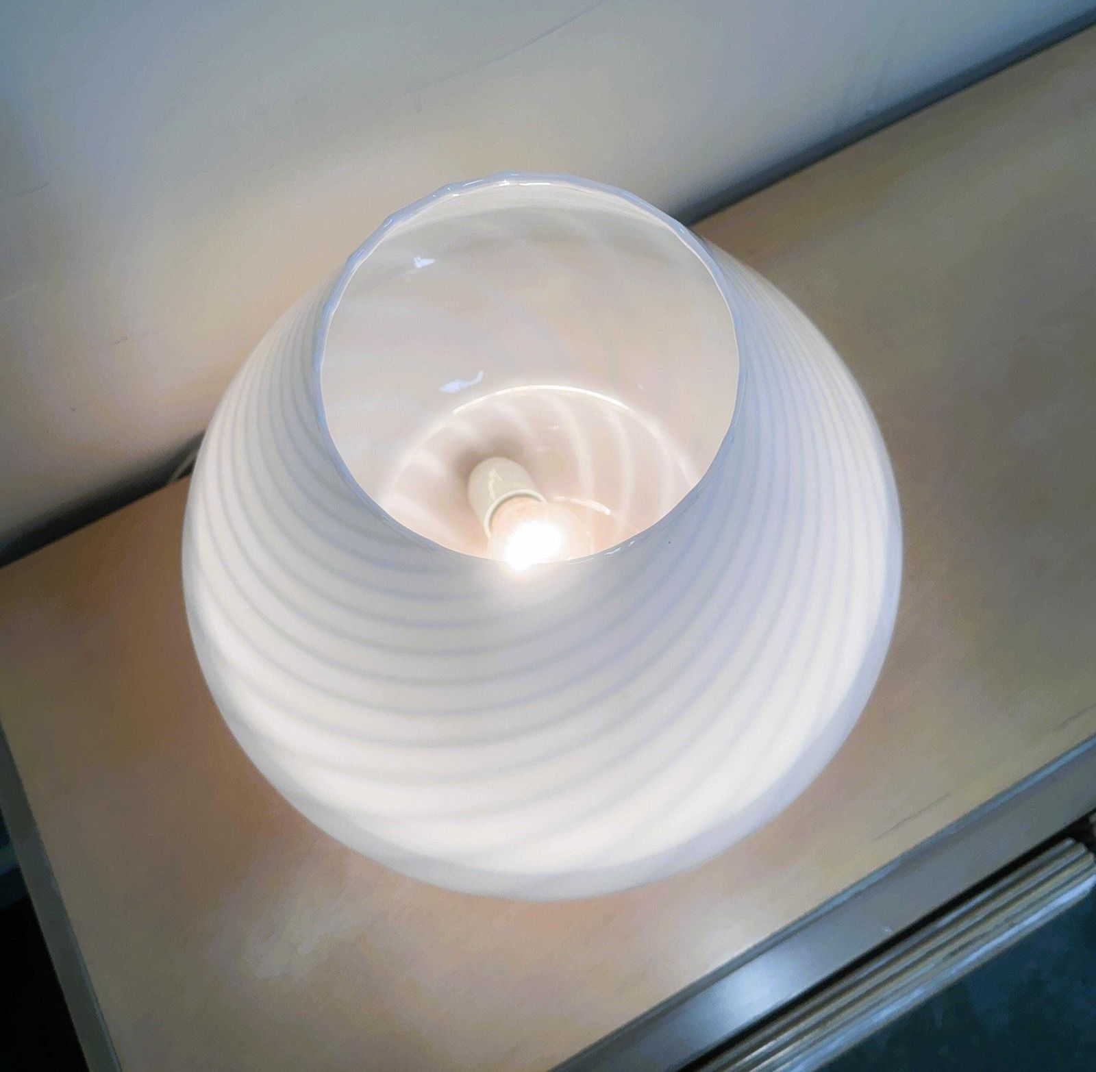 Vintage White Swirl Glass Mushroom Lamp – Italian Style Opaline Table Lamp. 1970s. Italy photo Lighting