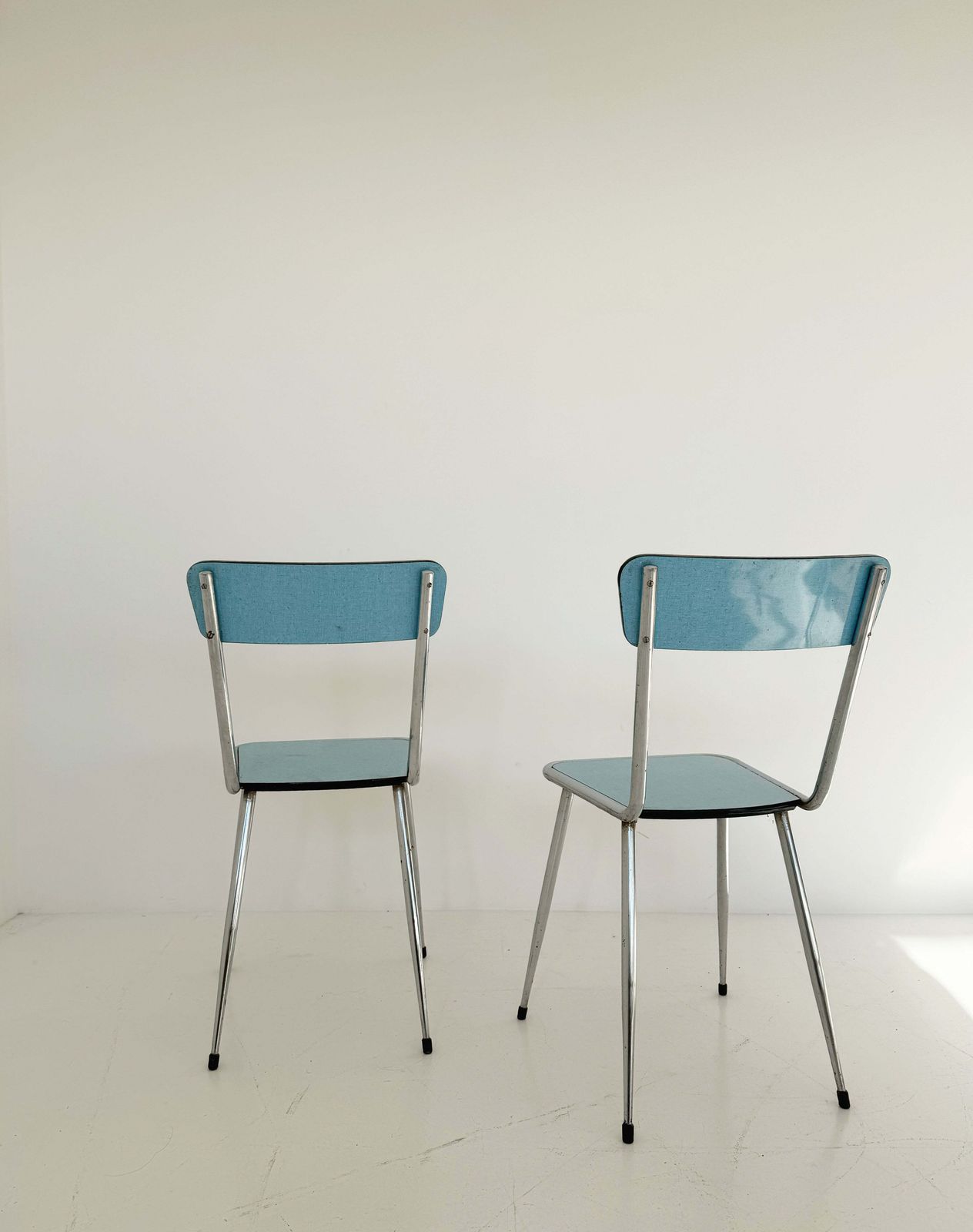 Pair Of Vintage Metal Chairs With Blue Seat photo Furniture