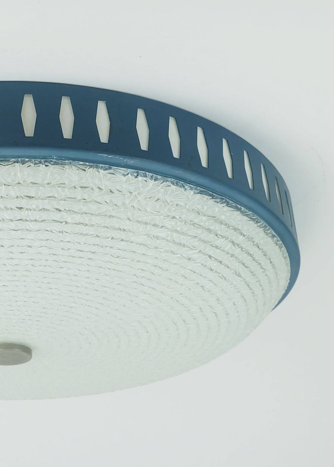 Rare And Large Hillebrand Ceiling Light From The 1960s, In Textured Glass And Blue Metal Frame. photo vintage