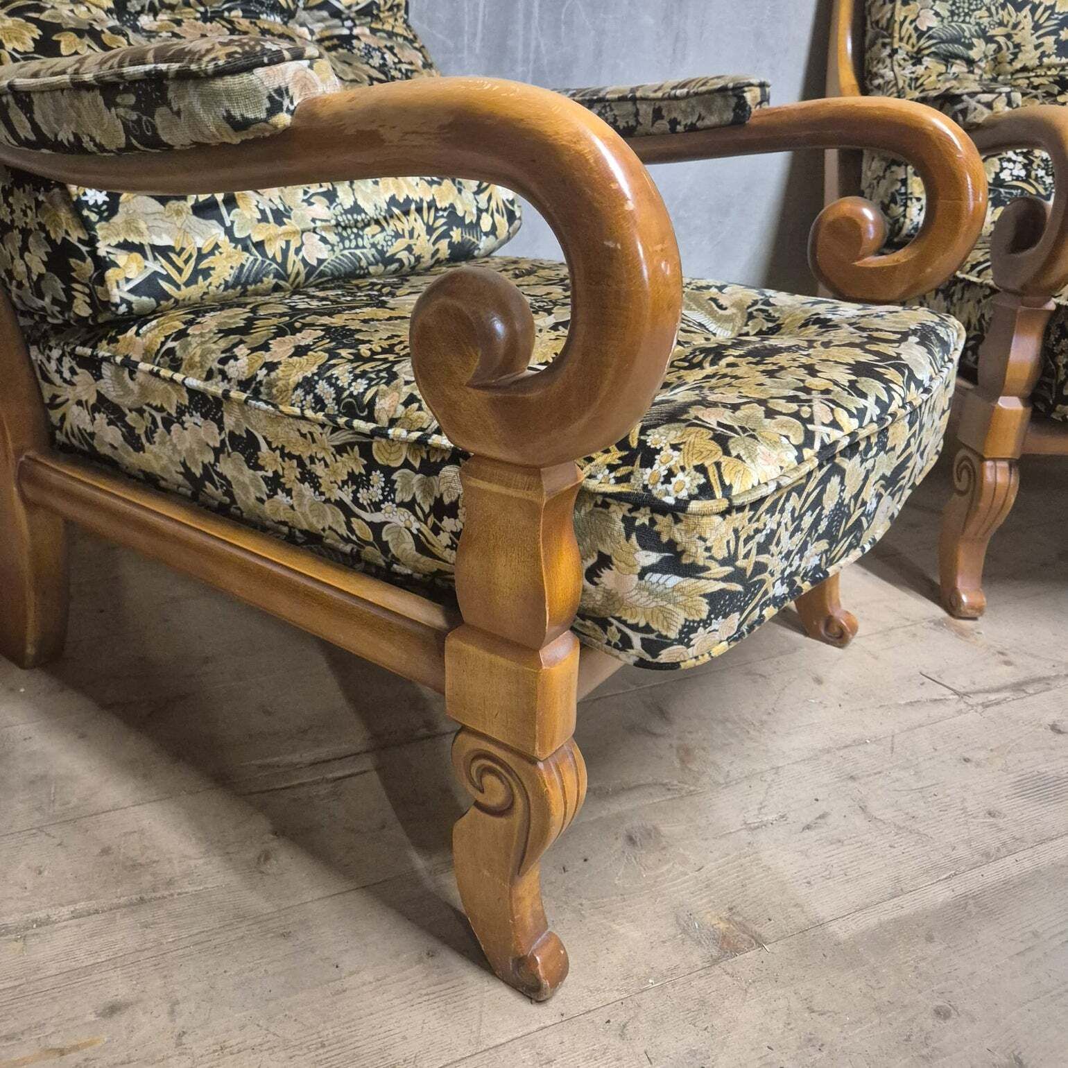 Pair Of Wooden Armchairs With Curved Arms, Czechoslovakia, 1940s–1950s photo vintage