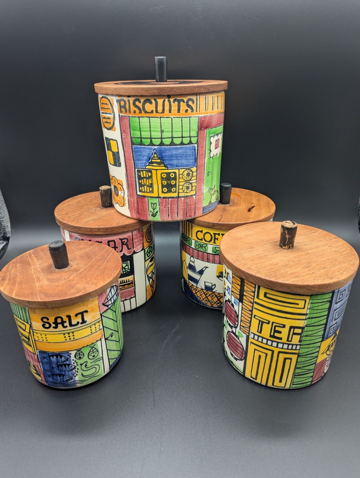Set Of Five “Vår Lilla Stad / Our Small Town” Kitchen Canisters – Anita Nylund For Jie Gantofta, Sweden (1950s–60s)