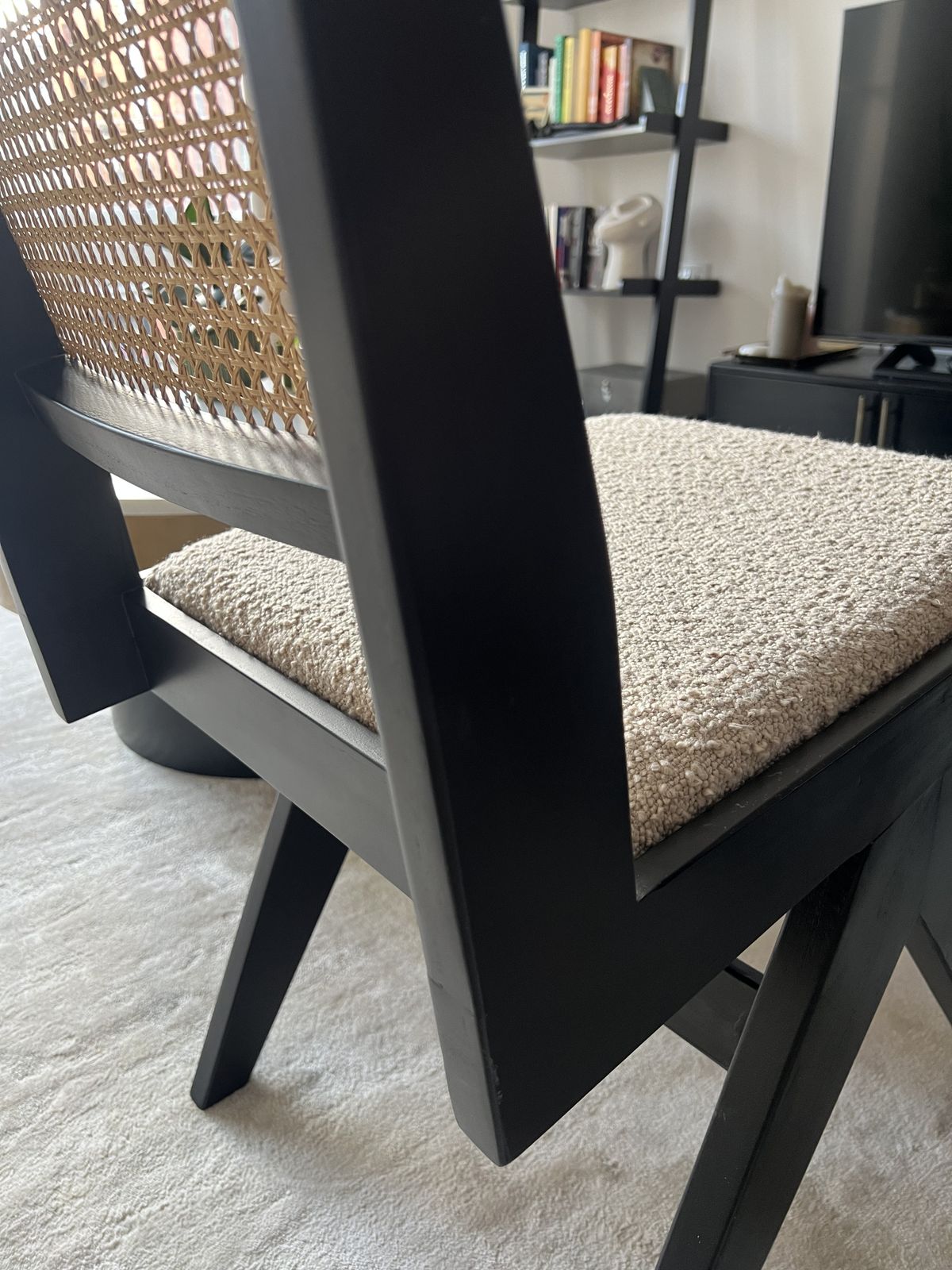 Six The Residence Pair 2 X Cane Teak Upholstered Boucle Dining Chairs Black photo 350.0