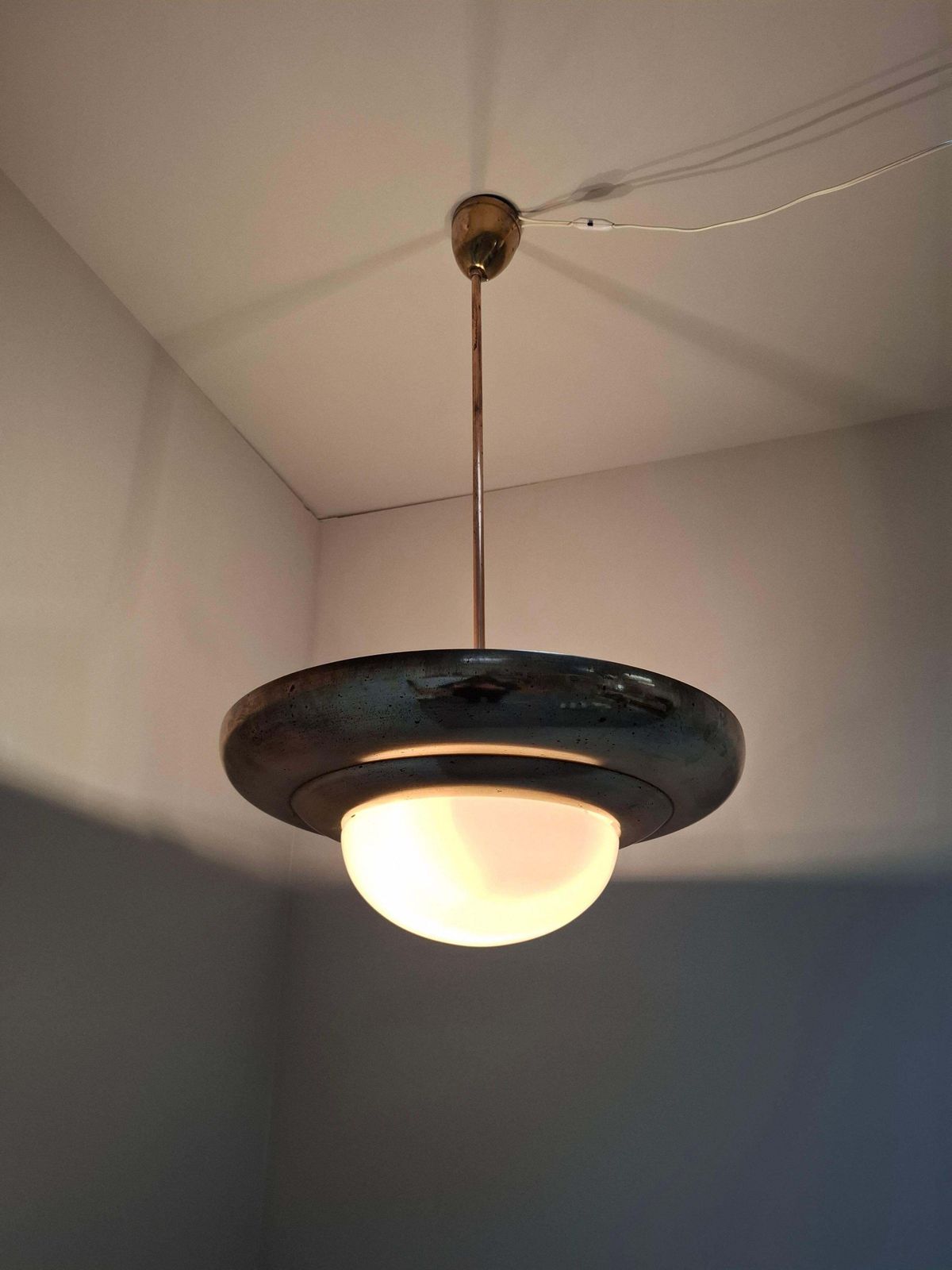 1920 Czechoslovak Art Deco Brass And Opaline Glass Pendant Lamp, Napako 13443 photo furniture