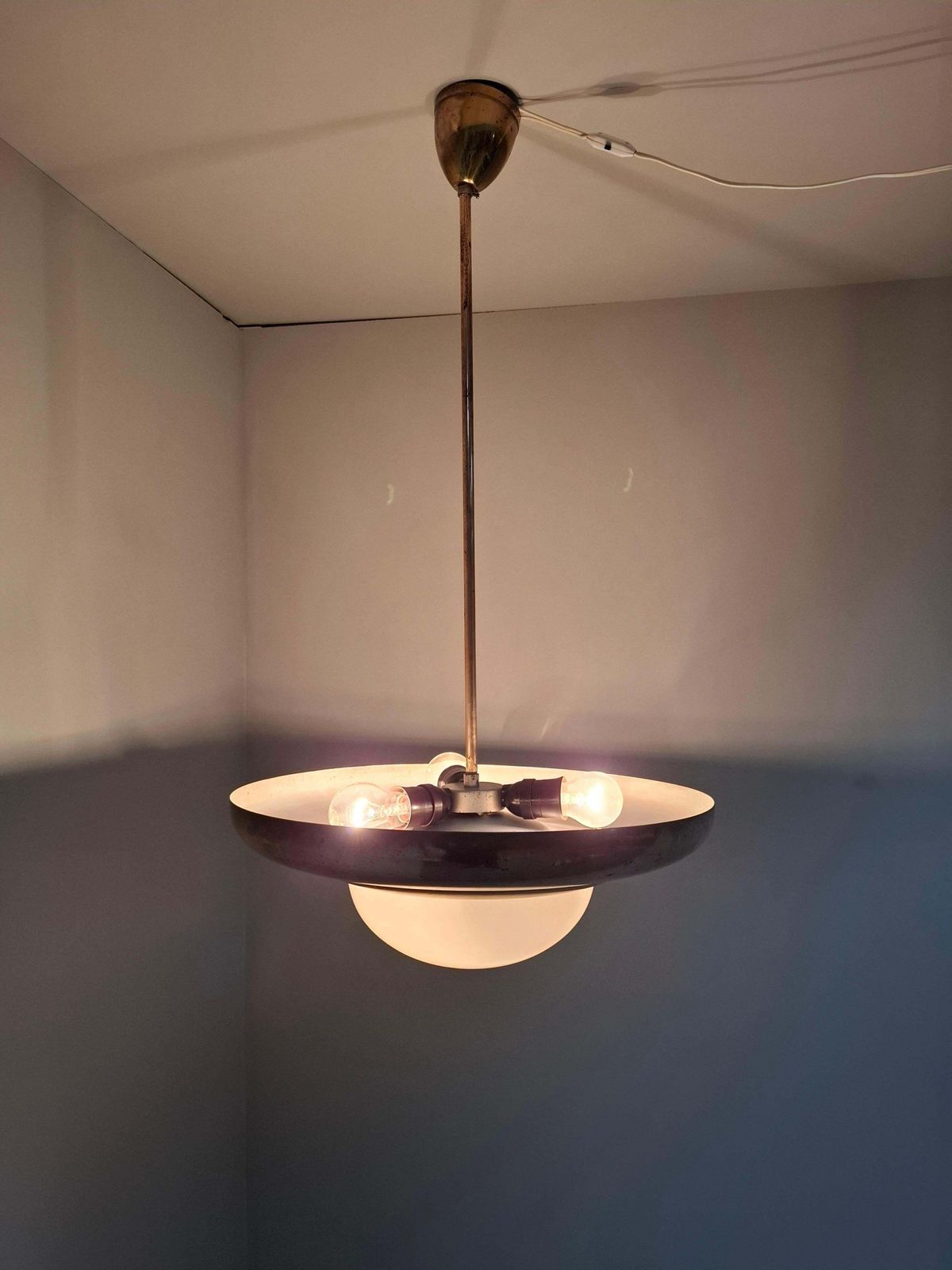 1920 Czechoslovak Art Deco Brass And Opaline Glass Pendant Lamp, Napako 13443 photo for sale