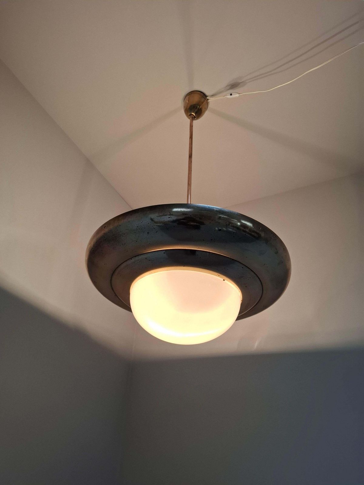 1920 Czechoslovak Art Deco Brass And Opaline Glass Pendant Lamp, Napako 13443 photo Lighting
