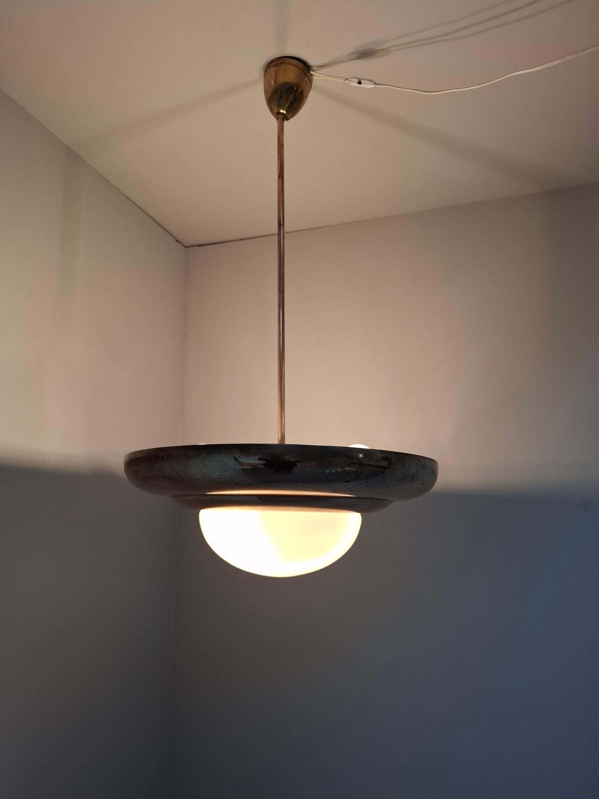 1920 Czechoslovak Art Deco Brass And Opaline Glass Pendant Lamp, Napako 13443 photo vinterior