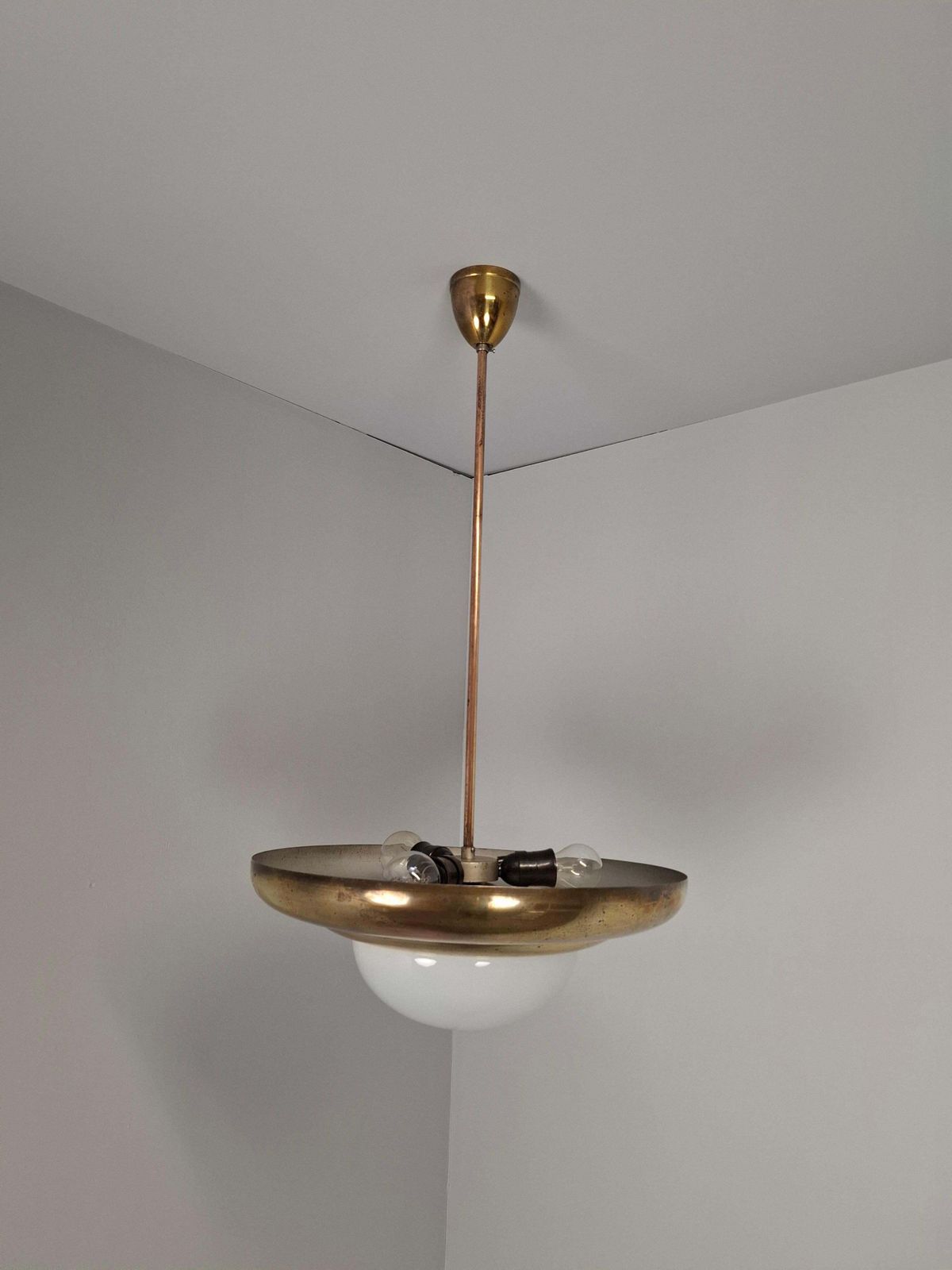 photo for sale 1920 Czechoslovak Art Deco Brass And Opaline Glass Pendant Lamp, Napako 13443