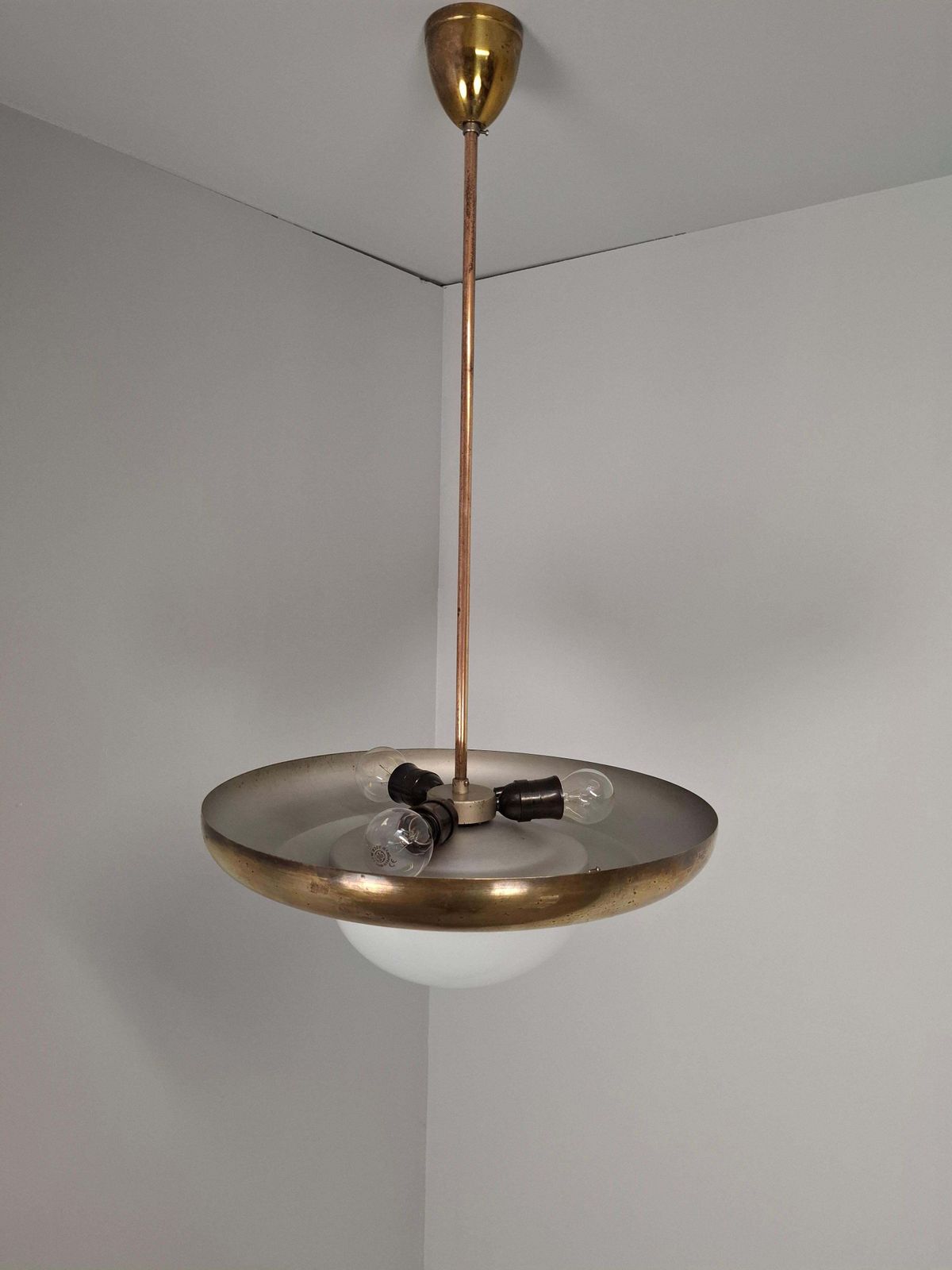 Lighting 1920 Czechoslovak Art Deco Brass And Opaline Glass Pendant Lamp, Napako 13443 photo