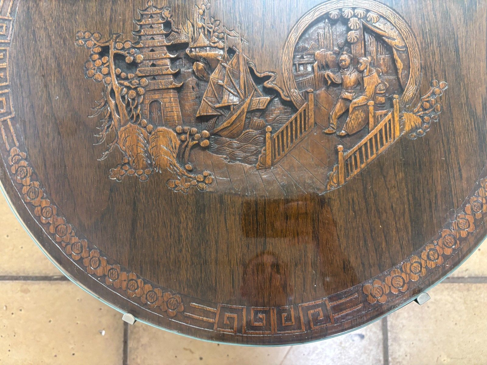 Vintage Chinese Wooden Hand Carved Tilt Top Table With Glass Top photo 95.0