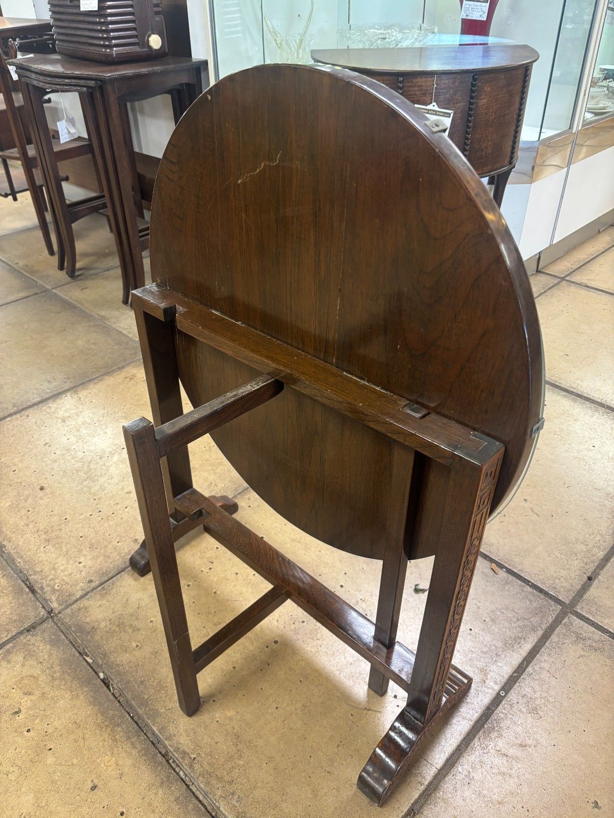 photo buy Vintage Chinese Wooden Hand Carved Tilt Top Table With Glass Top