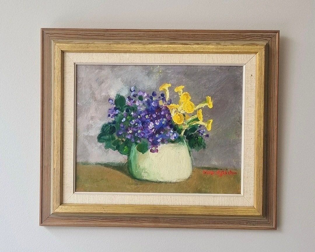 Original Framed Vintage Mid Century Swedish Still Life Potted Violets photo vintage