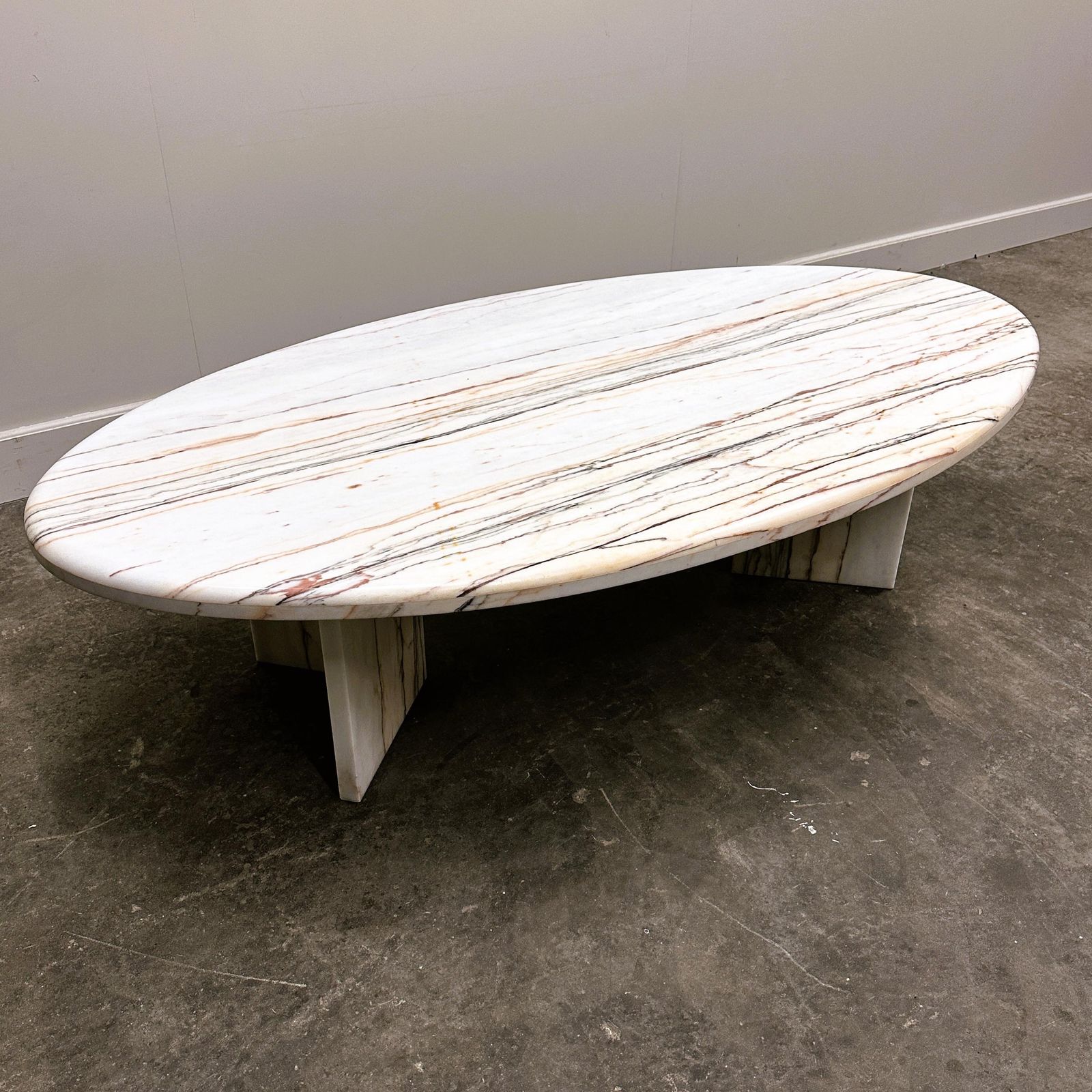 photo furniture Stunning Oval Breccia Sarda Striato Marble Coffee Table, Italy 1980s.