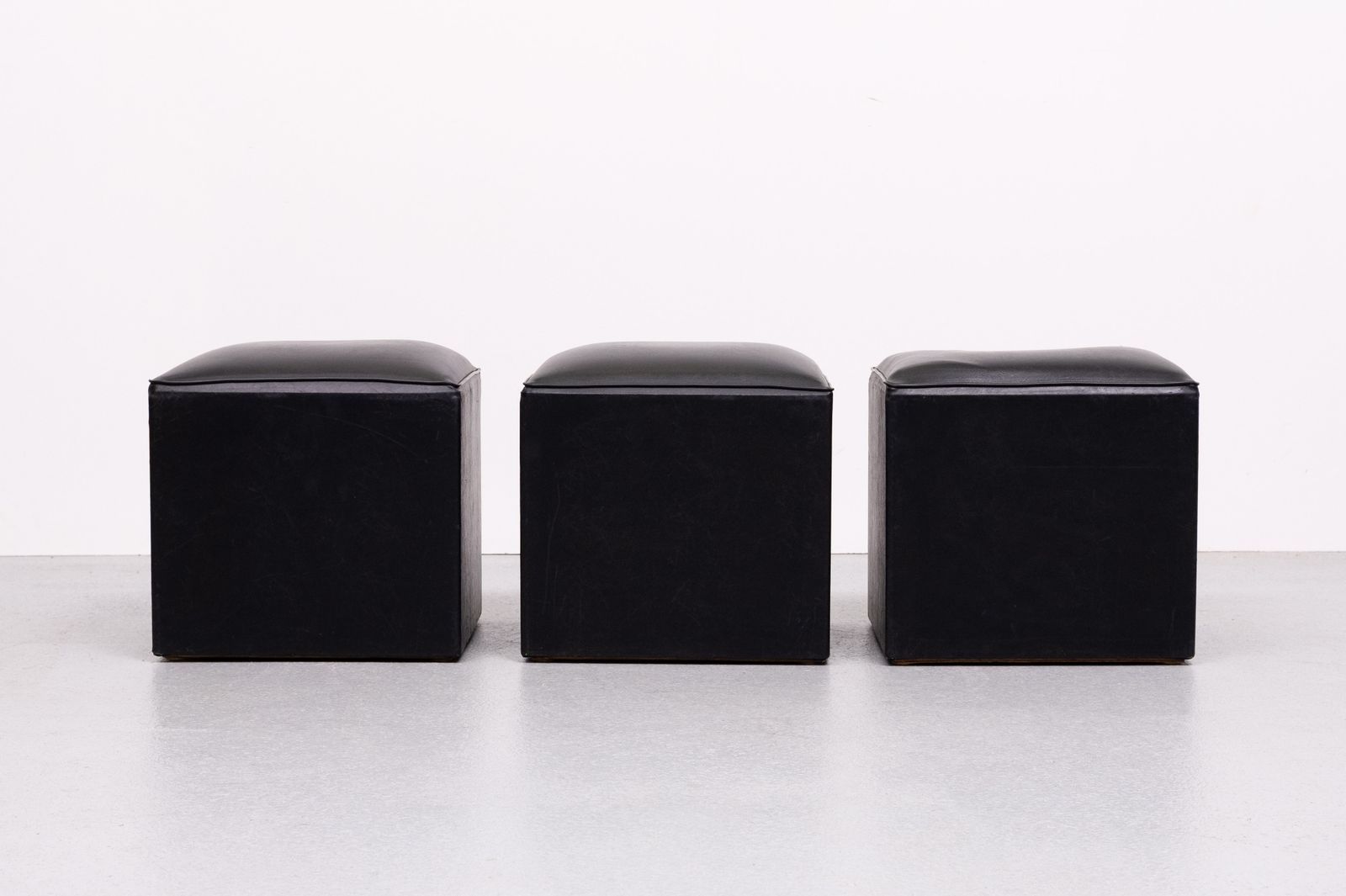Set Of 3 Black Faux Leather Cube Ottomans 1960s Holland photo for sale