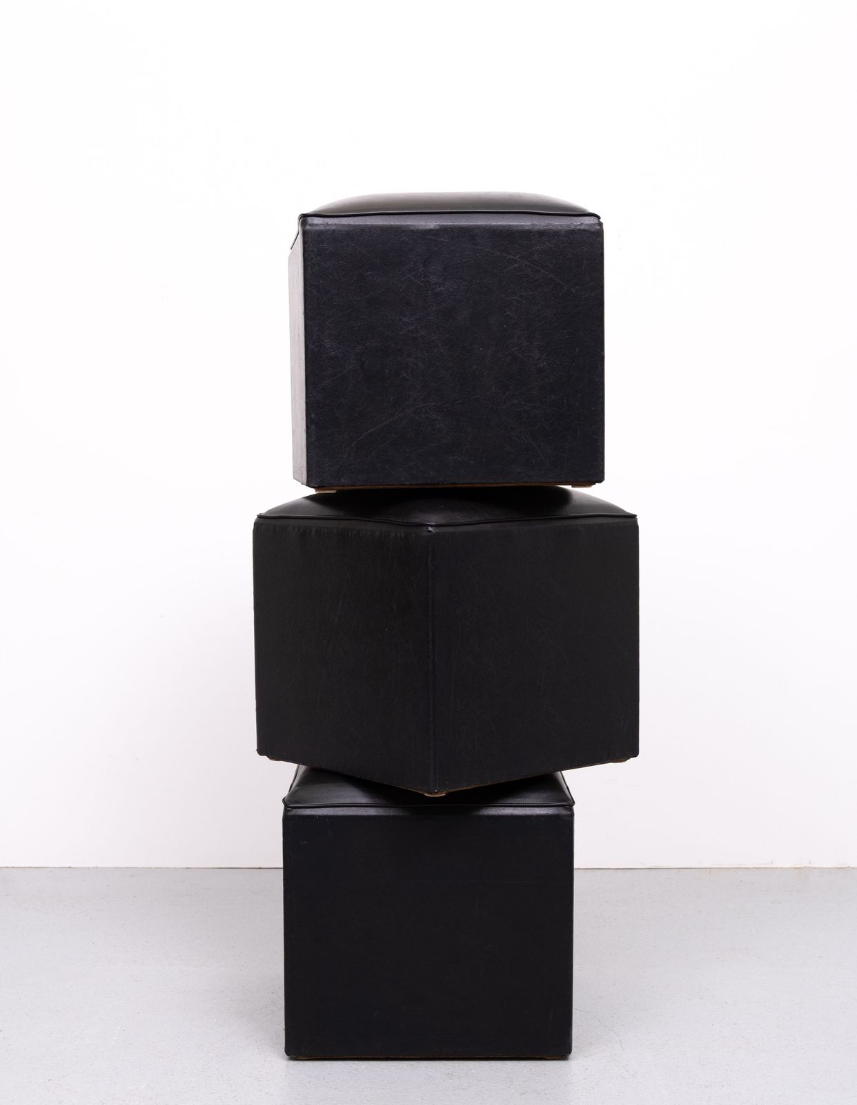 Set Of 3 Black Faux Leather Cube Ottomans 1960s Holland photo vintage