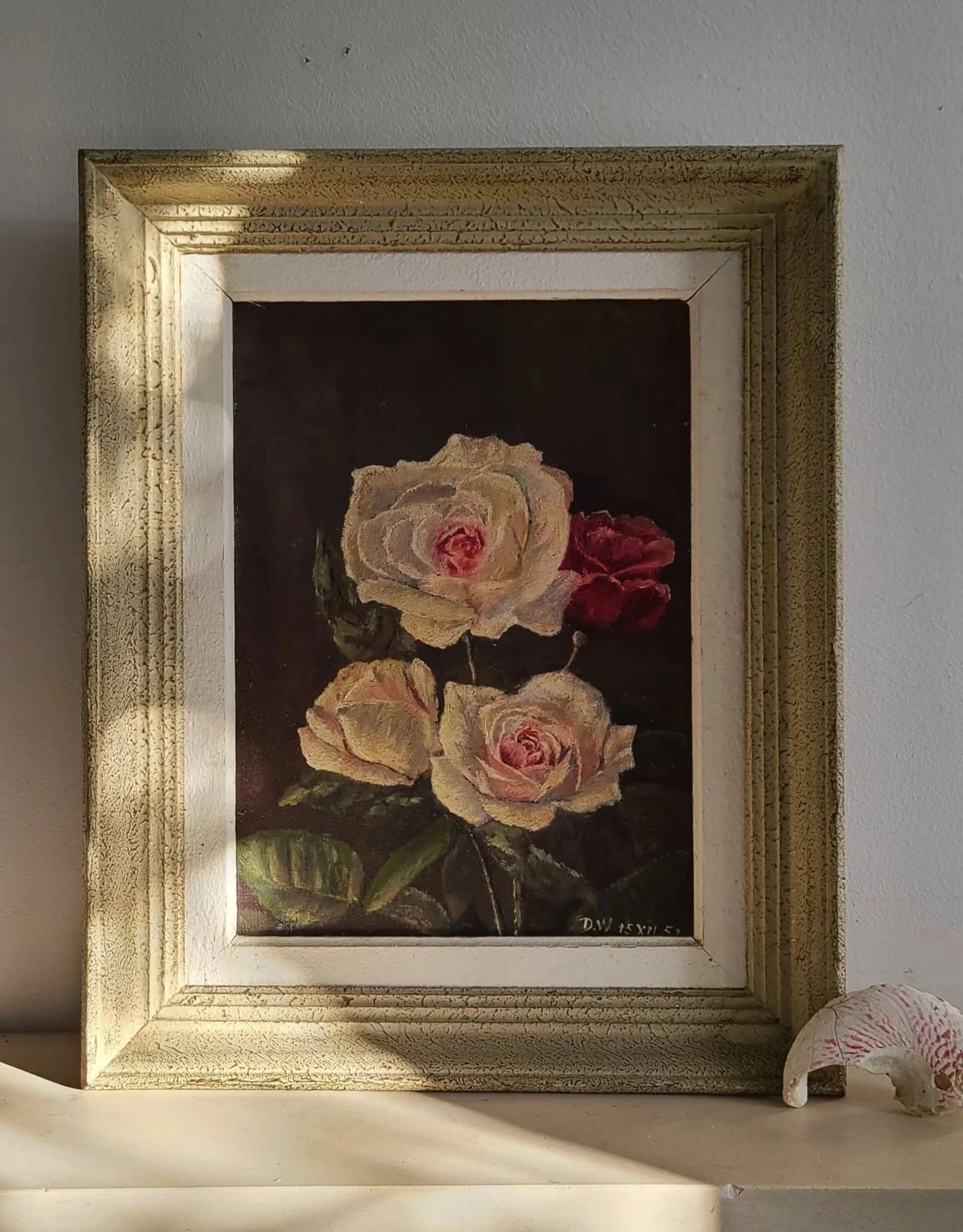 Vintage Original Framed  French Impressionist Floral Oil Painting  Dusky Roses photo vintage