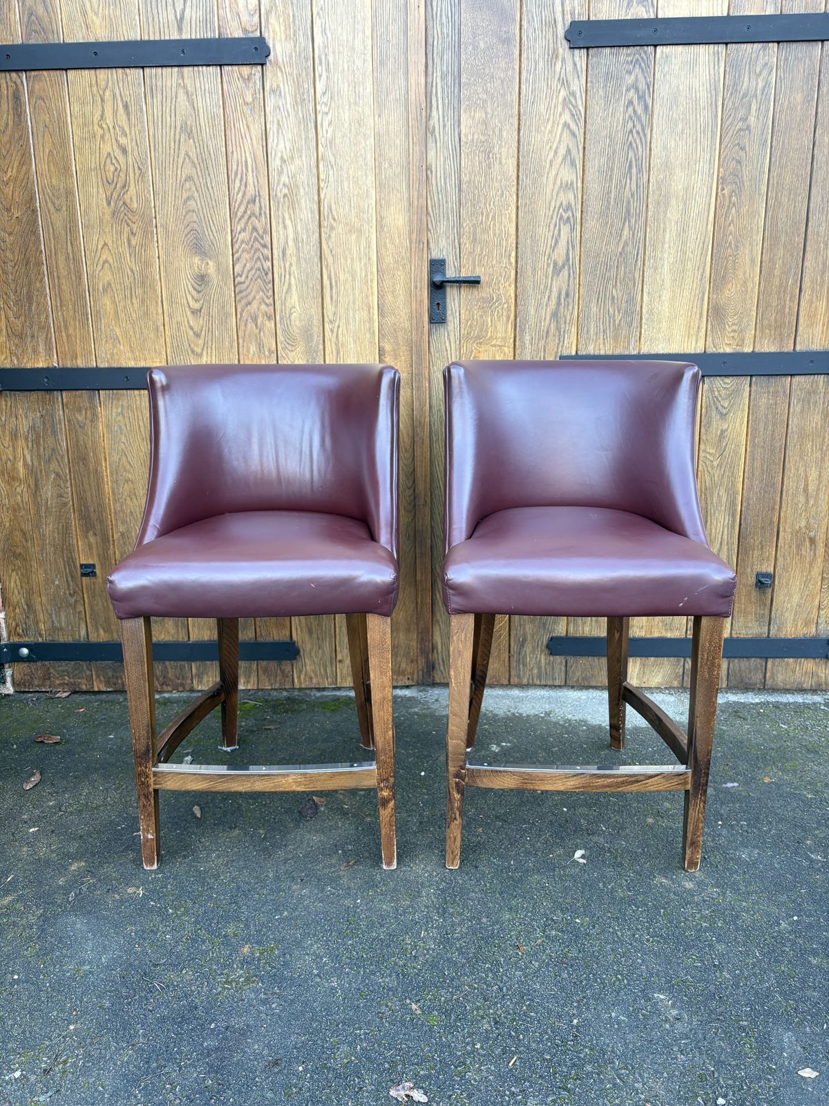 Burgundy Leather Bar Stools With Wooden Frames