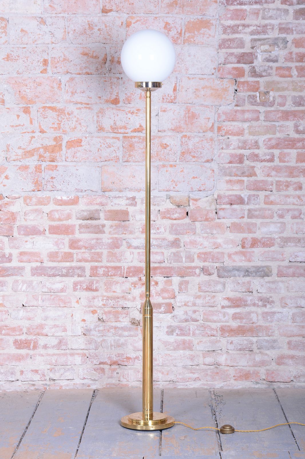 Restored Mid Century Floor Lamp, Brass, Opaline Glass, France, 1960s photo for sale