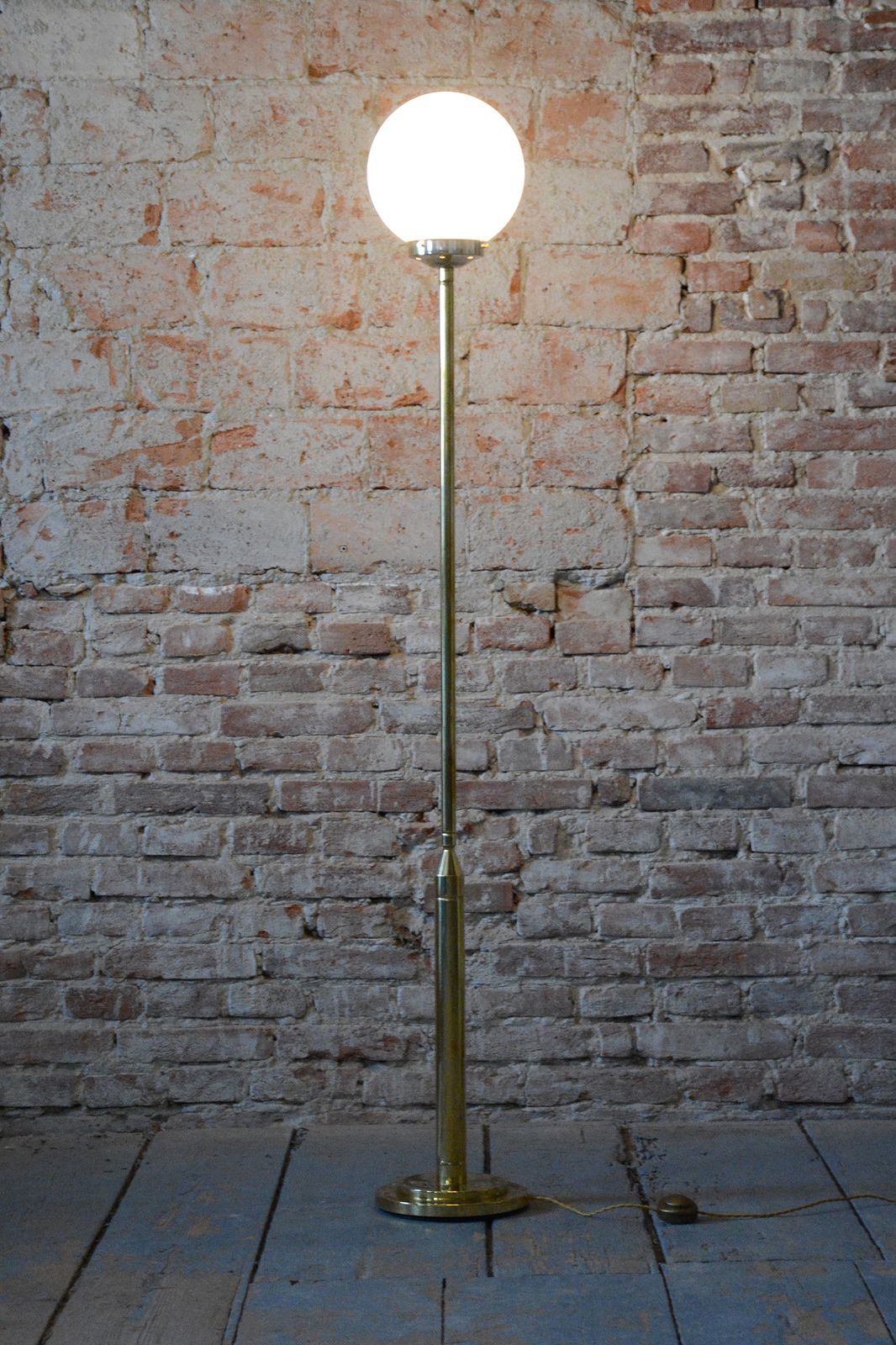 photo furniture Restored Mid Century Floor Lamp, Brass, Opaline Glass, France, 1960s