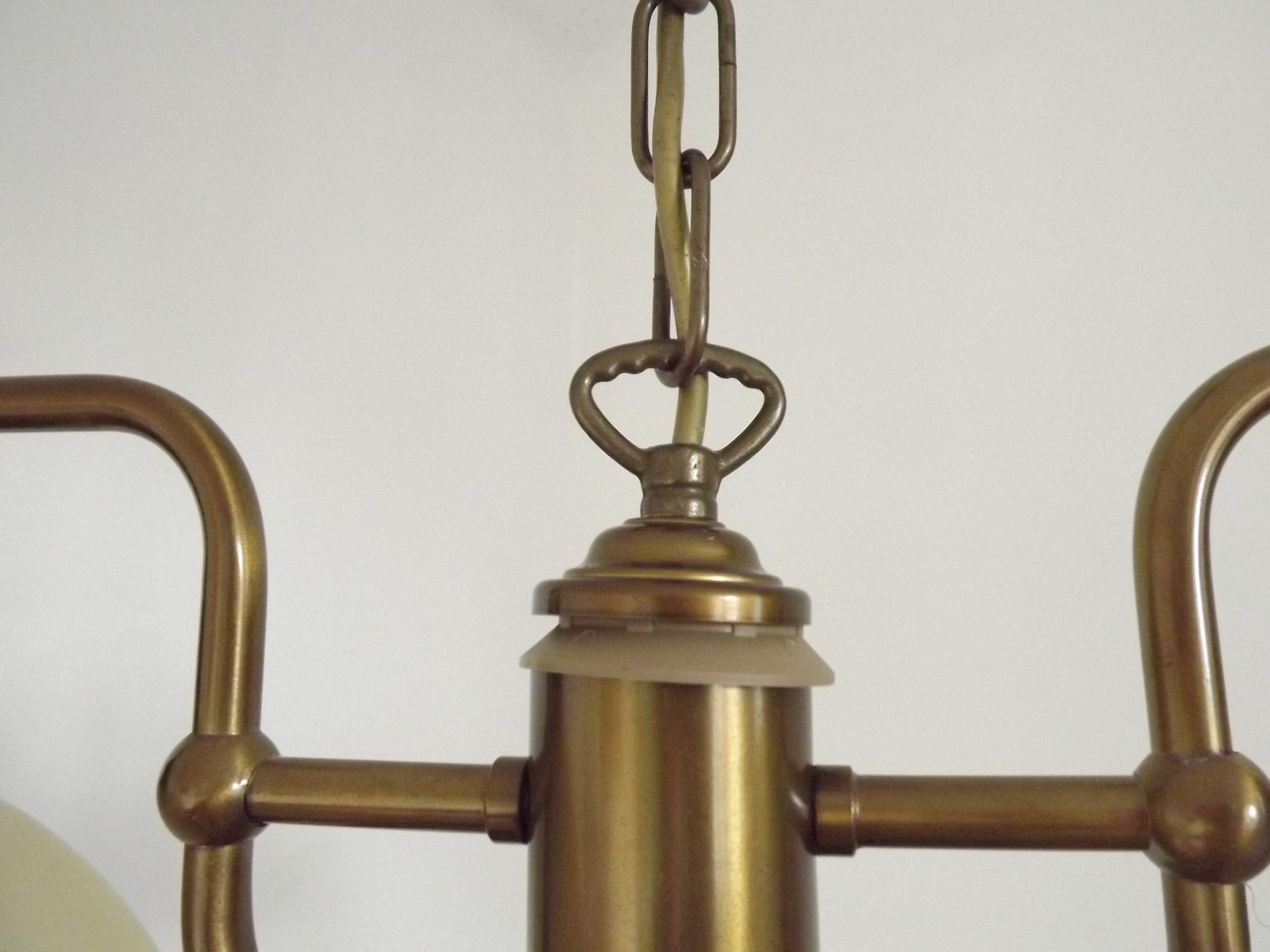 photo for sale French Mid Century Bronze Effect And Black Metal Double Billiard Light With Cream Glass Shades