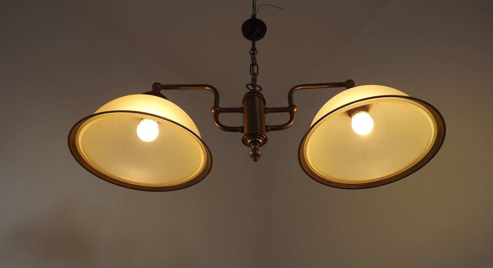 145.0 French Mid Century Bronze Effect And Black Metal Double Billiard Light With Cream Glass Shades photo