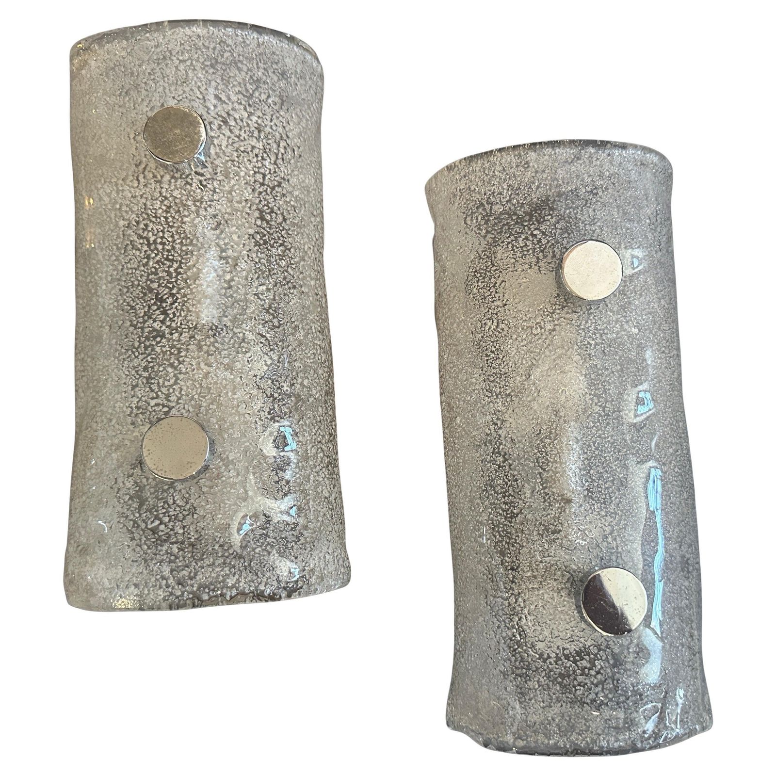 Two 1970s Space Age White Pulegoso Murano Glass And Steel Italian Wall Sconces