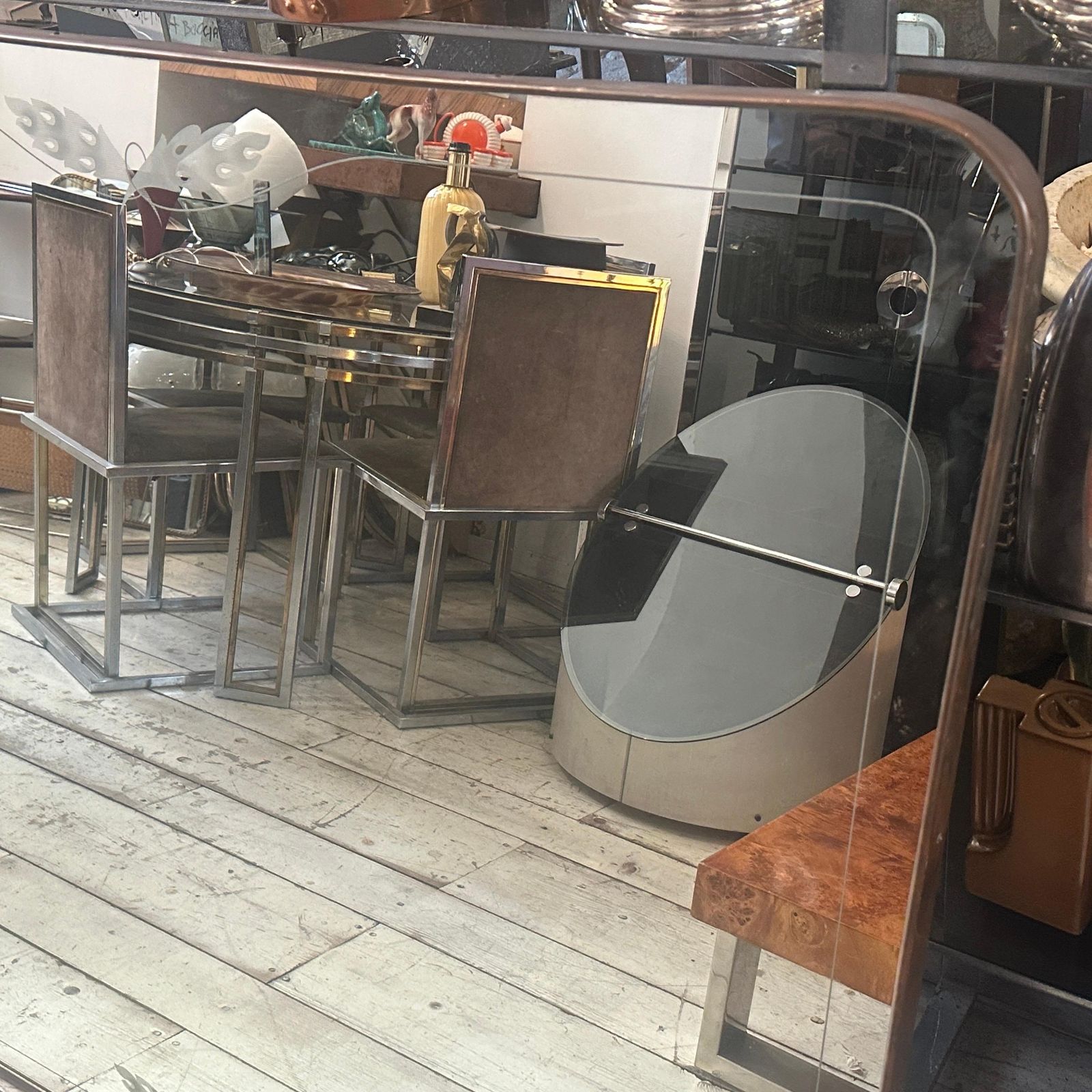 1950s Gio Ponti Style Mid Century Modern Brass And Etched Glass Big Wall Mirror photo vinterior