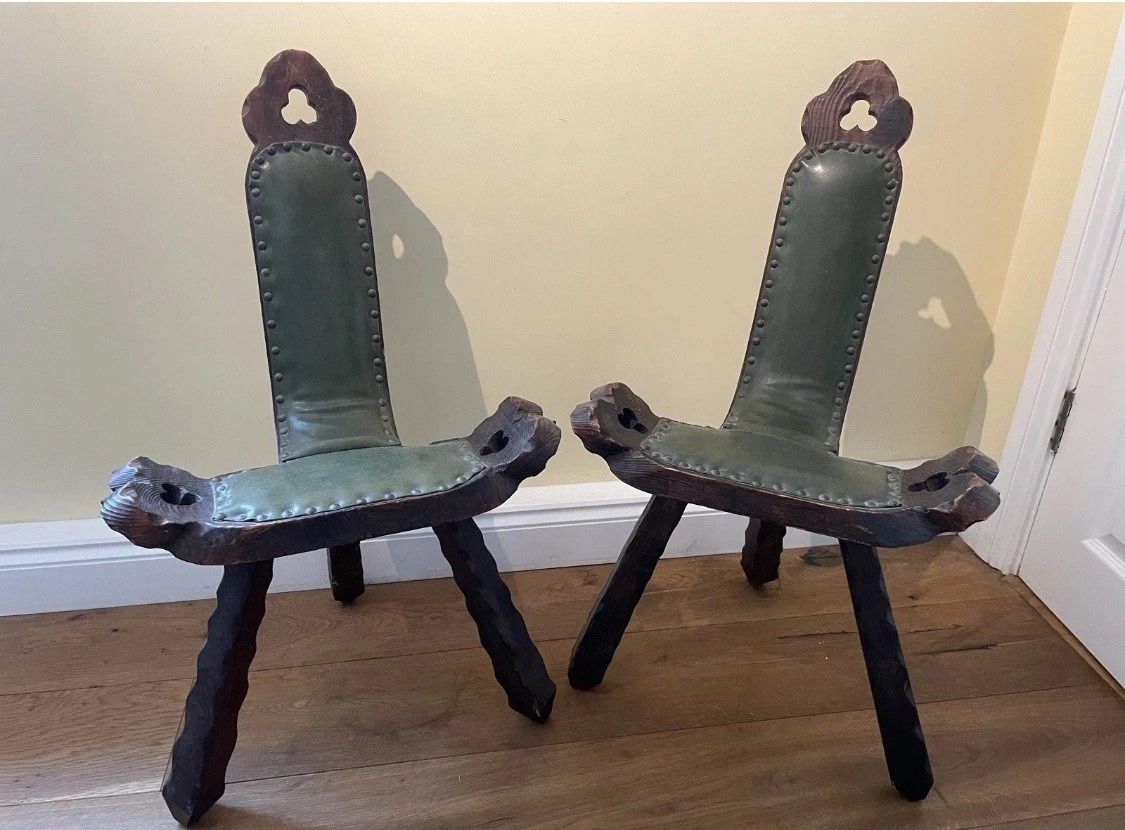 Pair Vintage Brutalist Carved Spanish Spinning Birthing Stool Chair Wood Leather