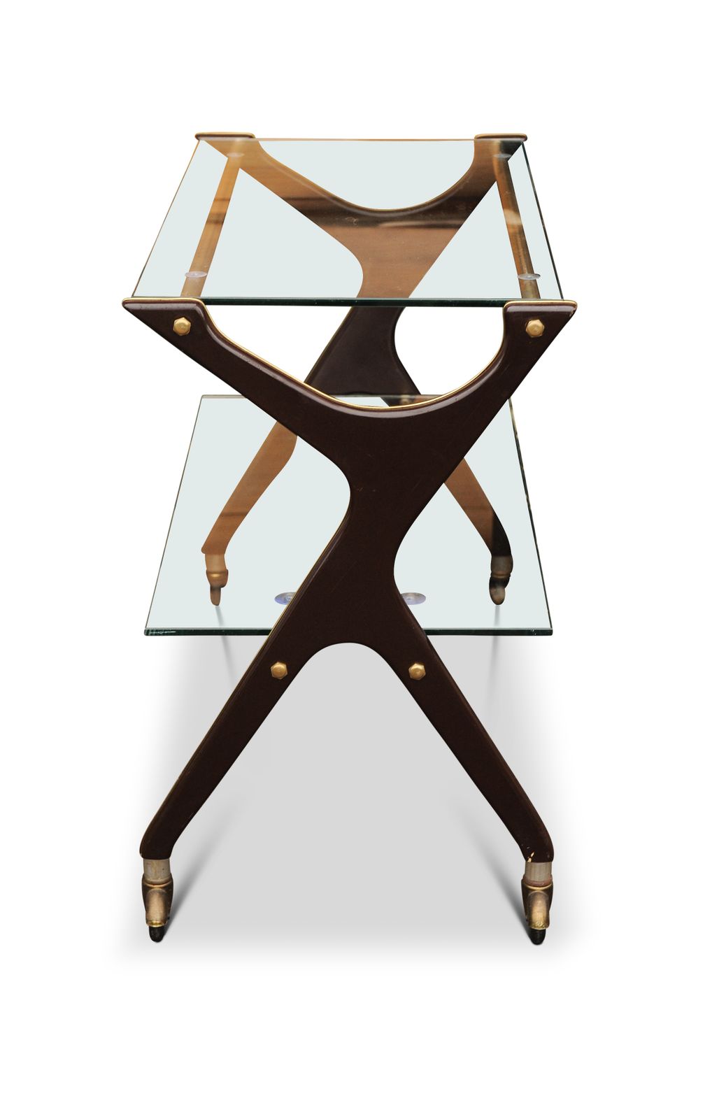 Bar Cart Mid Century Angelo Ostuni Design Mahogany & Brass Two Tier Glazed 1970's photo for sale