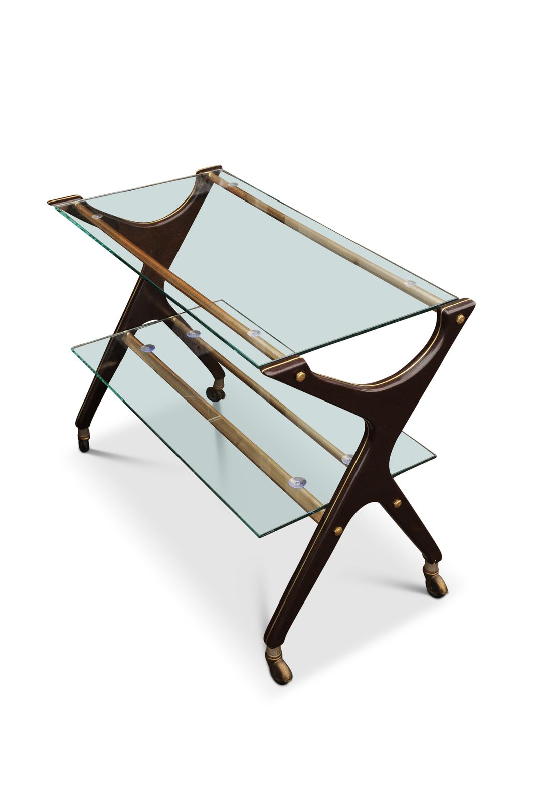 Bar Cart Mid Century Angelo Ostuni Design Mahogany & Brass Two Tier Glazed 1970's photo vinterior
