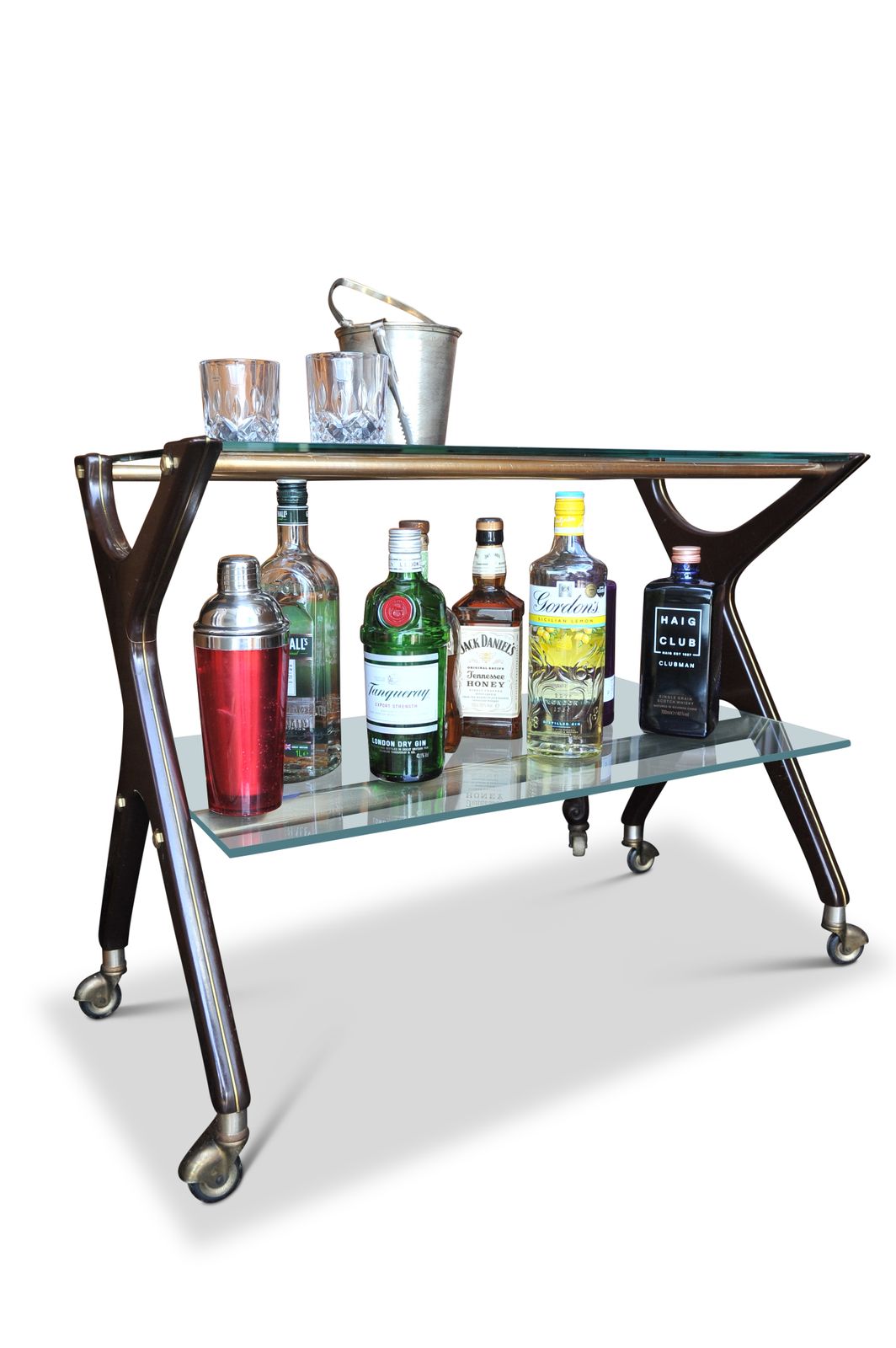 Bar Cart Mid Century Angelo Ostuni Design Mahogany & Brass Two Tier Glazed 1970's photo furniture