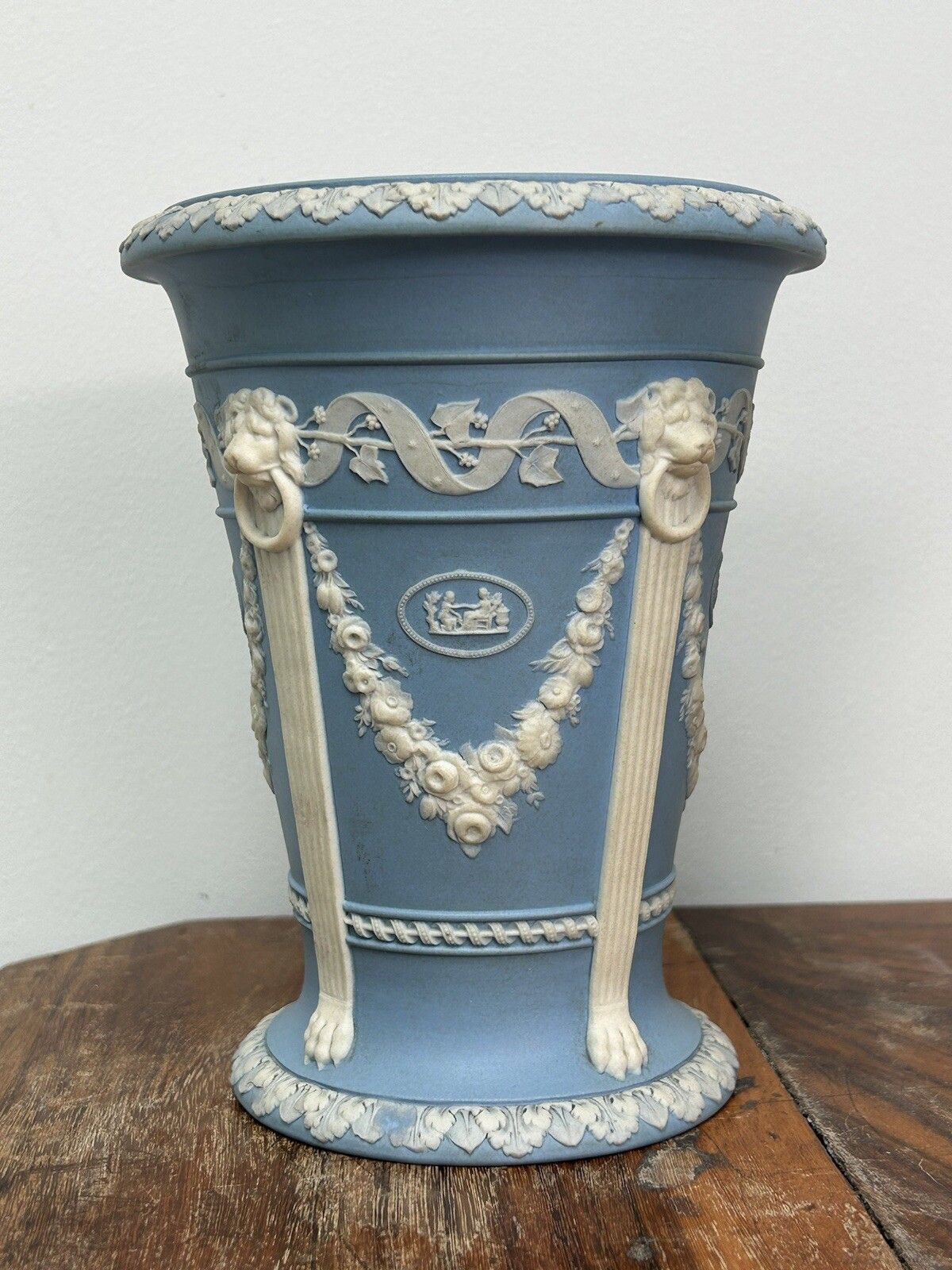 Wedgwood Light Blue Jasperware Monopodia Vases Pair Lion Head Cameos photo furniture