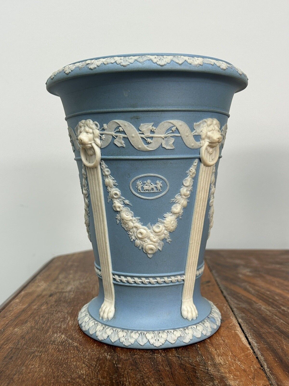 Wedgwood Light Blue Jasperware Monopodia Vases Pair Lion Head Cameos photo 716.0